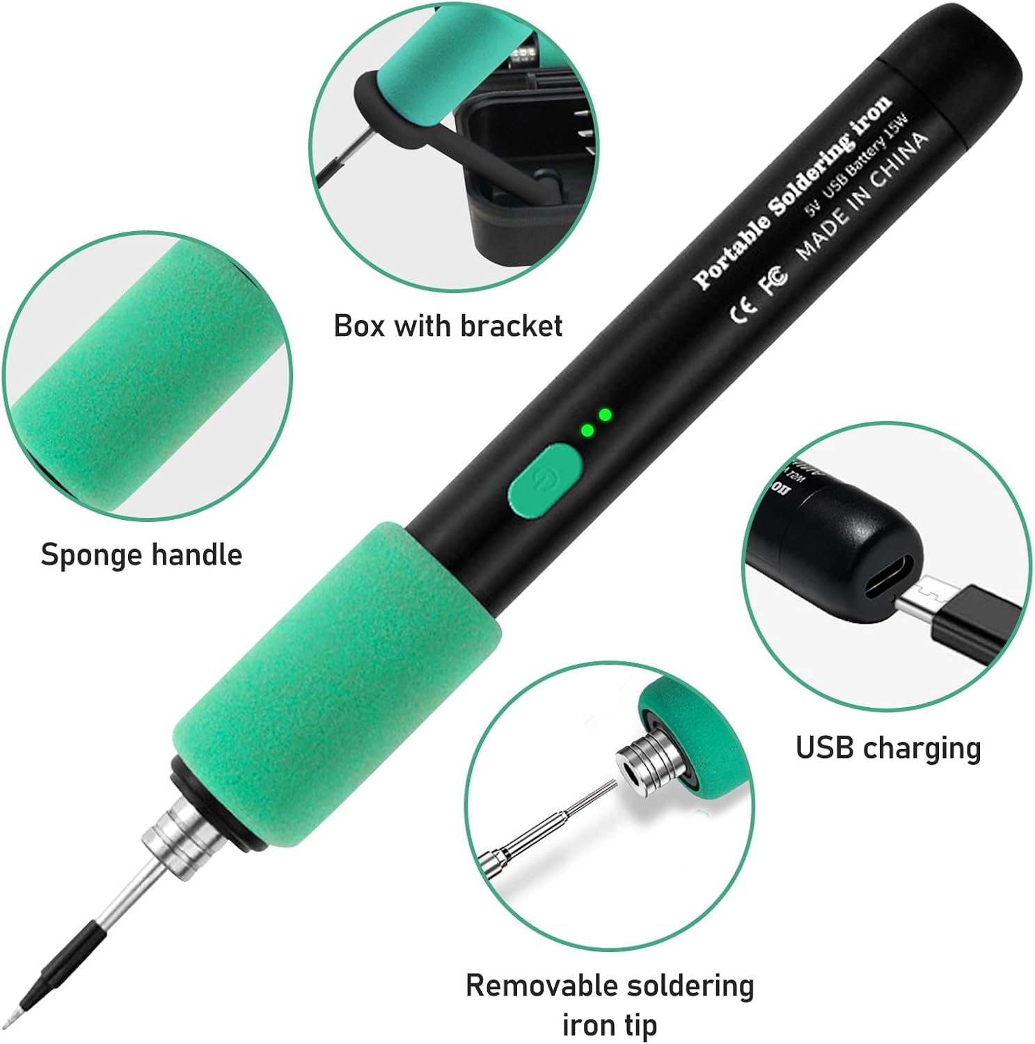 Tragbares Lötgerät mit grünem Schwammgriff, USB-Ladung und abnehmbarer Spitze.