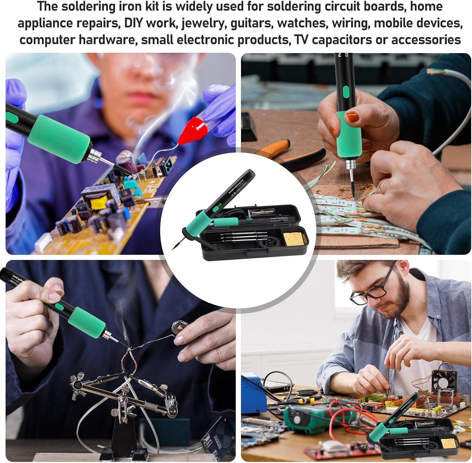Collage von Personen, die Leiterplatten und elektronische Komponenten löten.