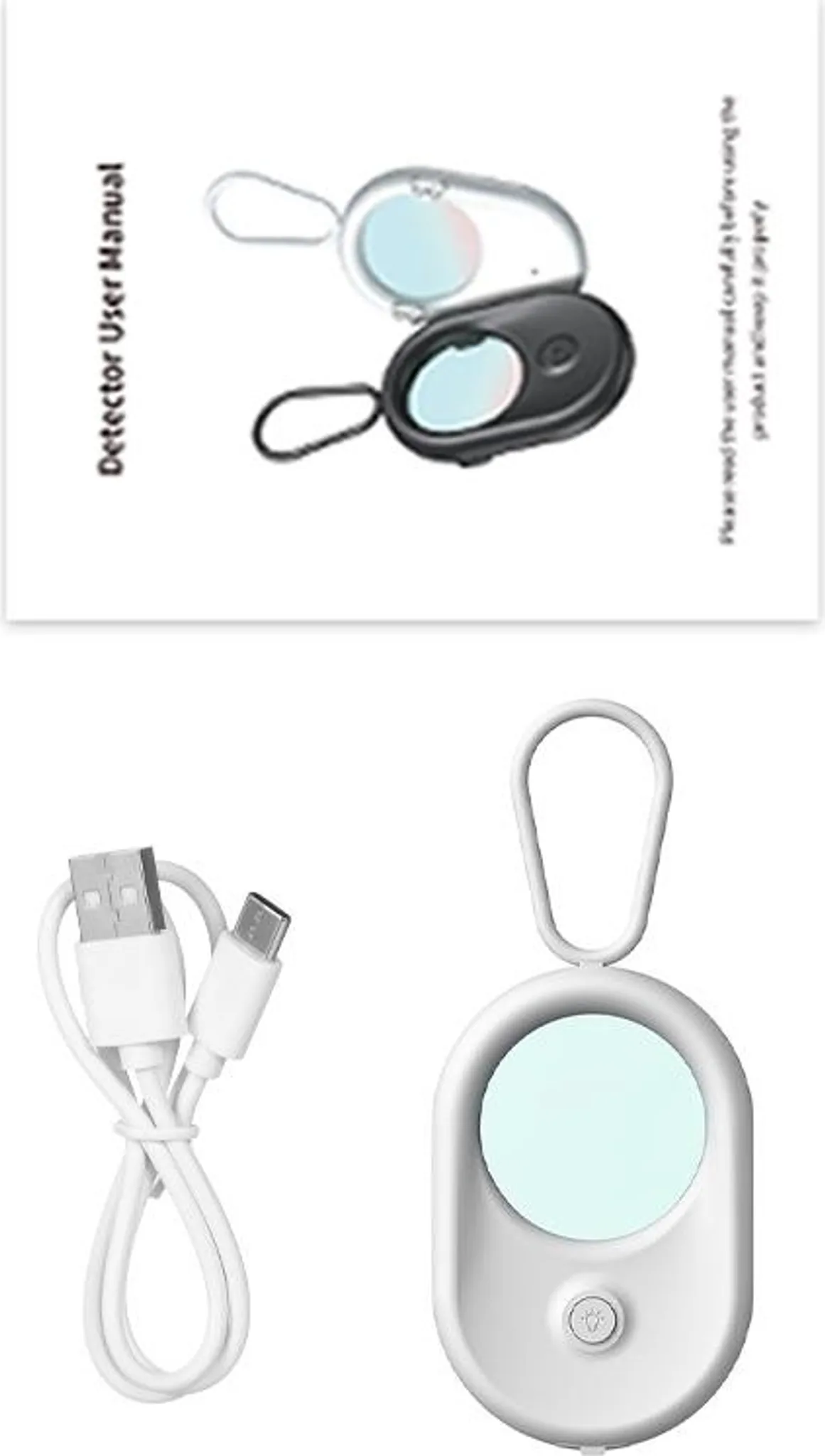 Ein Detektor, ein USB-Kabel und eine Anleitung auf weißem Hintergrund.