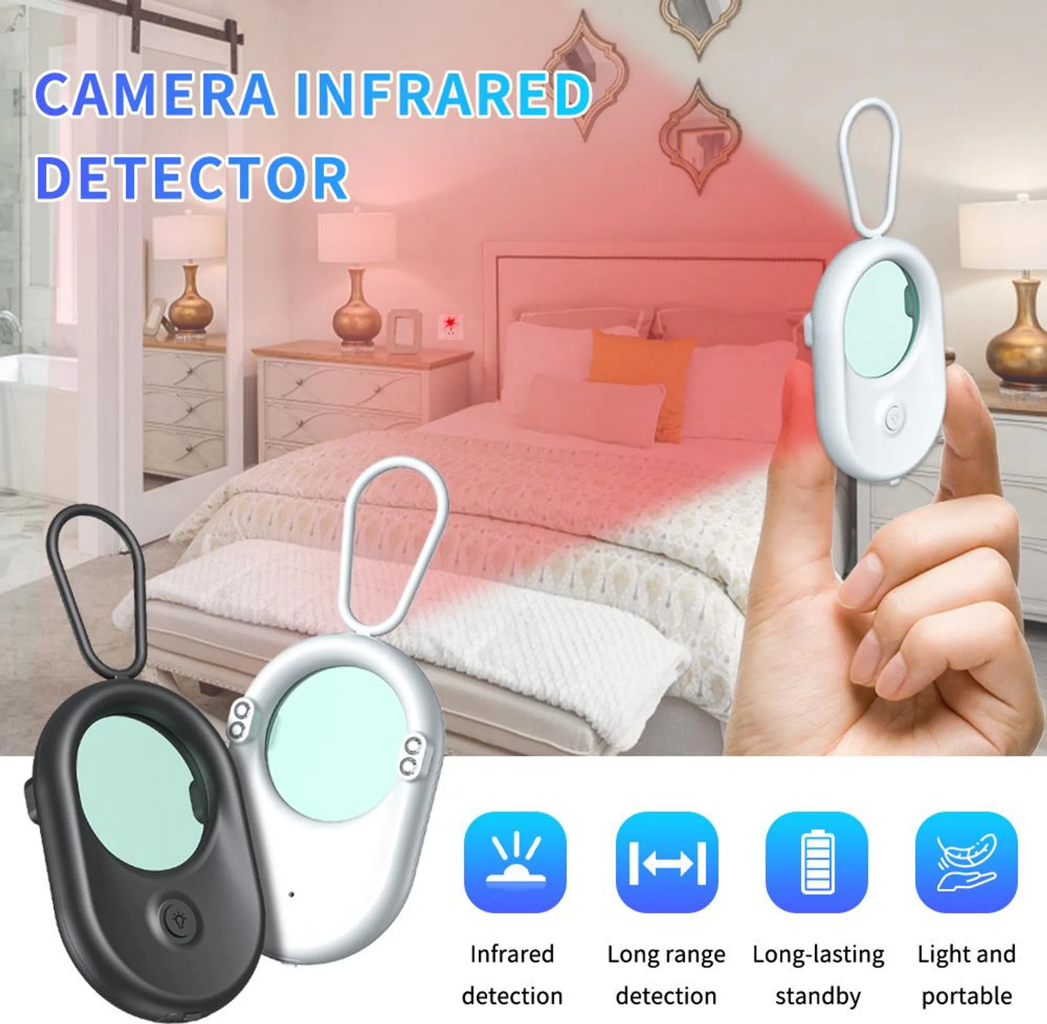 Kamera-Infrarotdetektor in einem Schlafzimmer mit roten Lichtstrahlen.