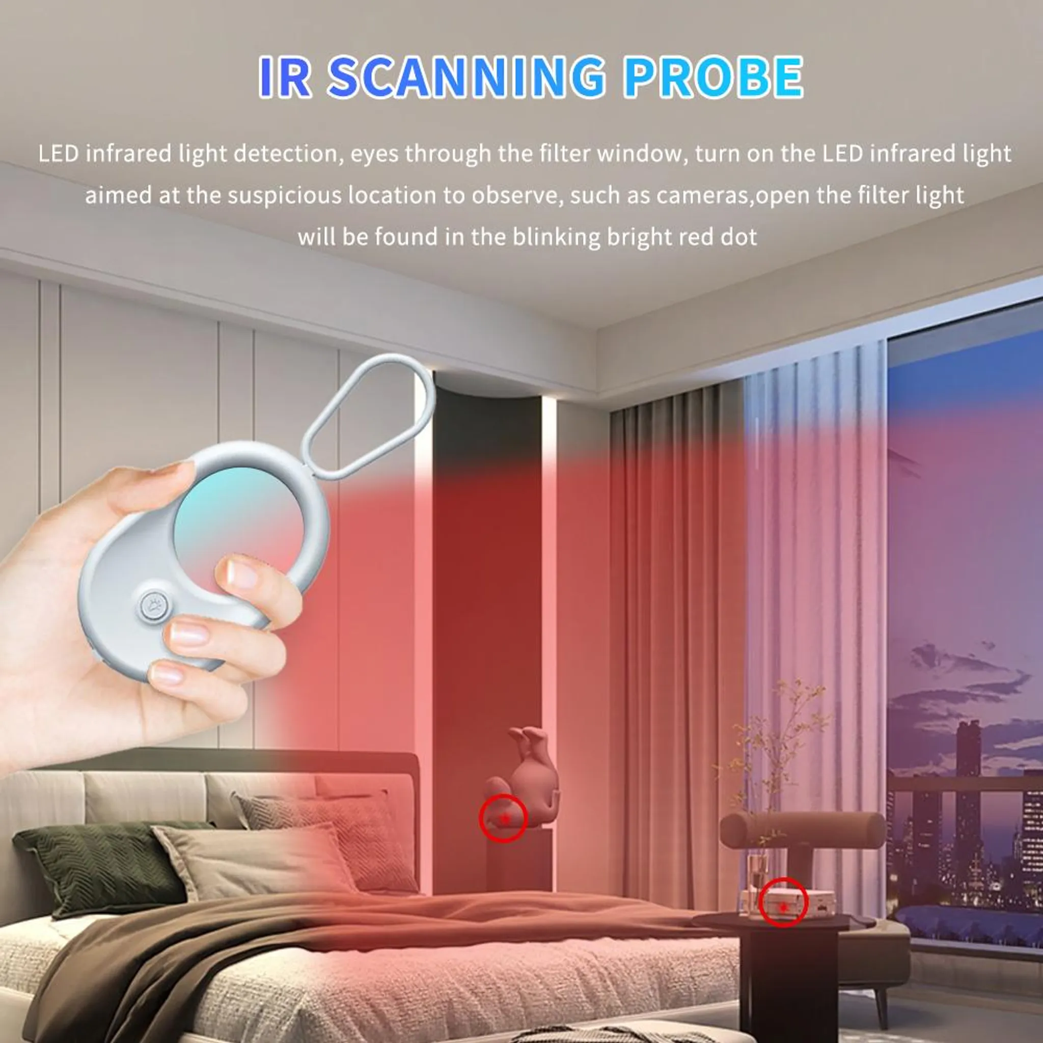 Hand hält eine Infrarot-Scan-Sonde, die rotes Licht abstrahlt. Ein Bett ist im Hintergrund.
