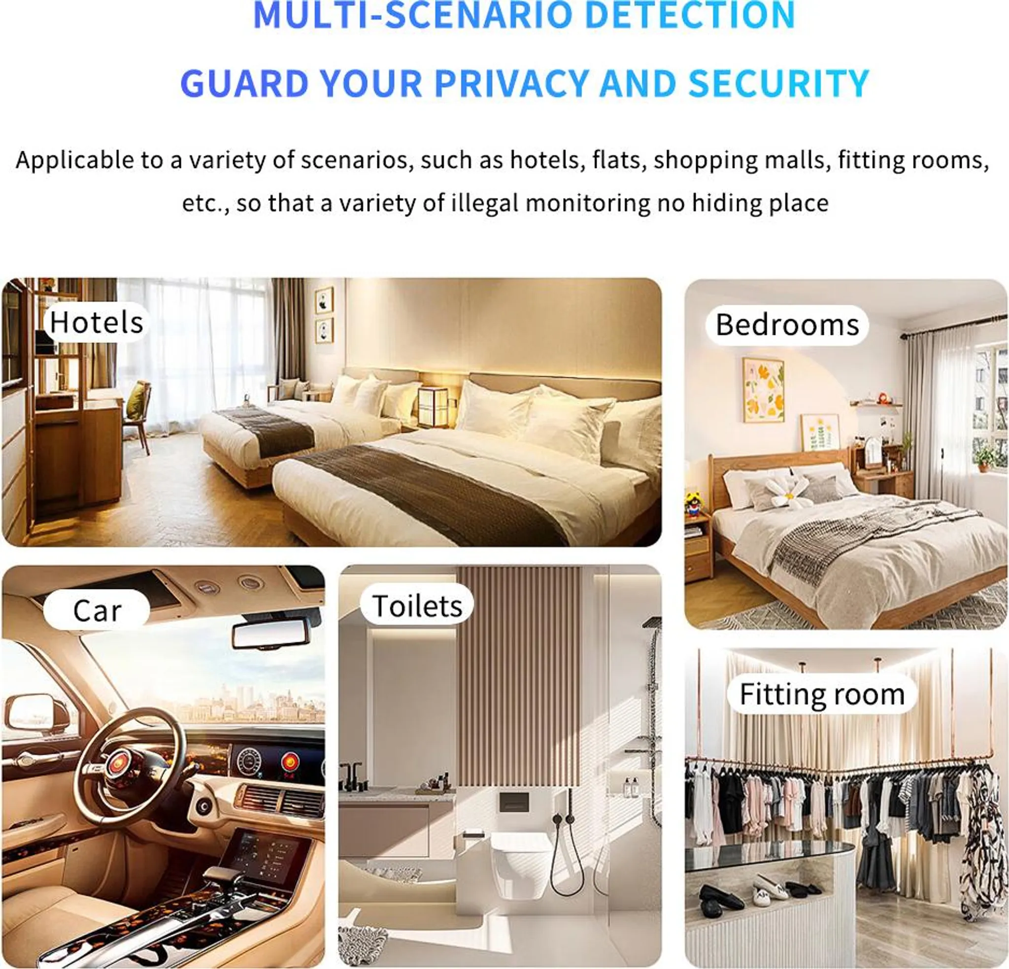 Collage zeigt Hotelzimmer, Schlafzimmer, Auto-Innenraum, Toilette und Ankleidezimmer.