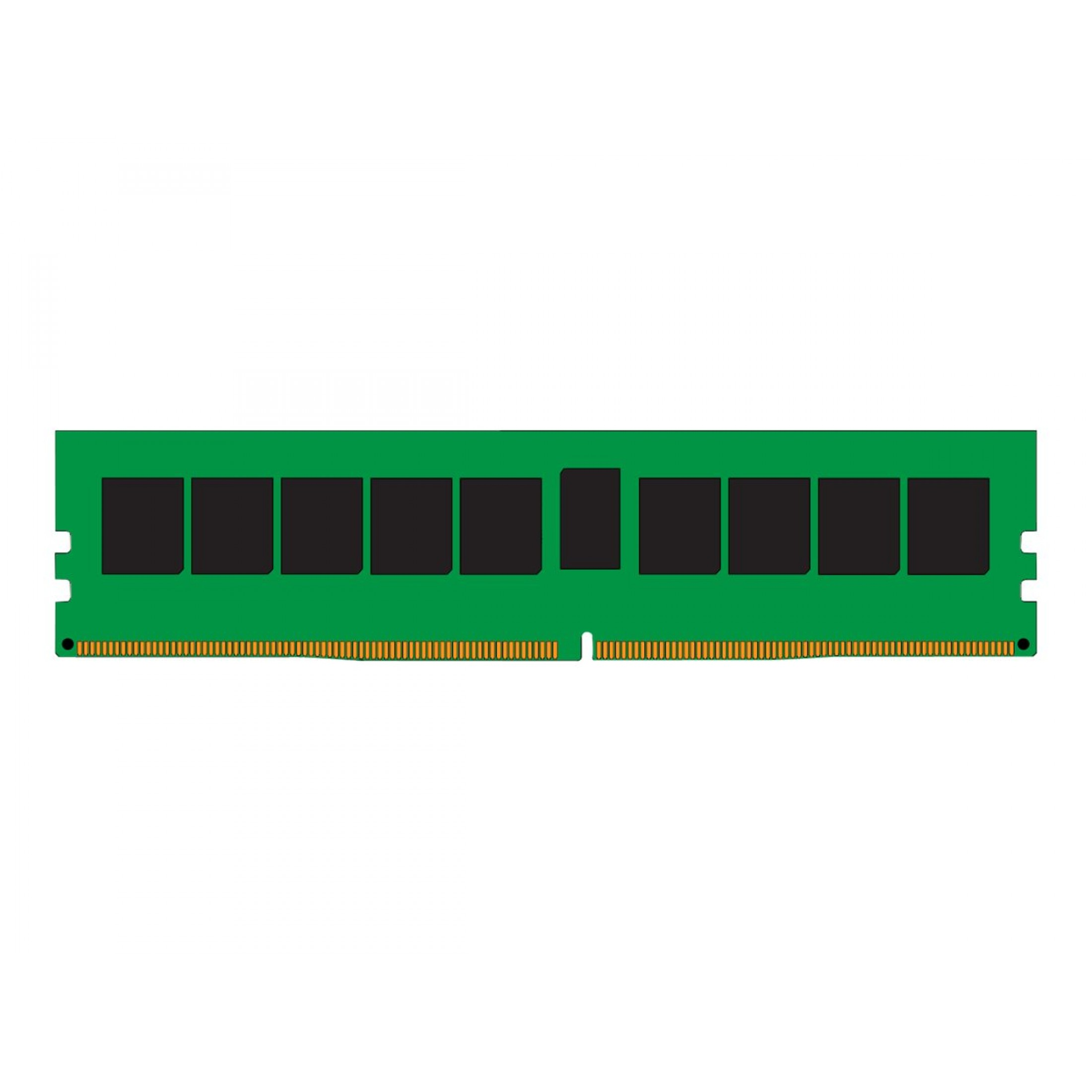 Un modulo RAM verde con chip neri e contatti dorati.