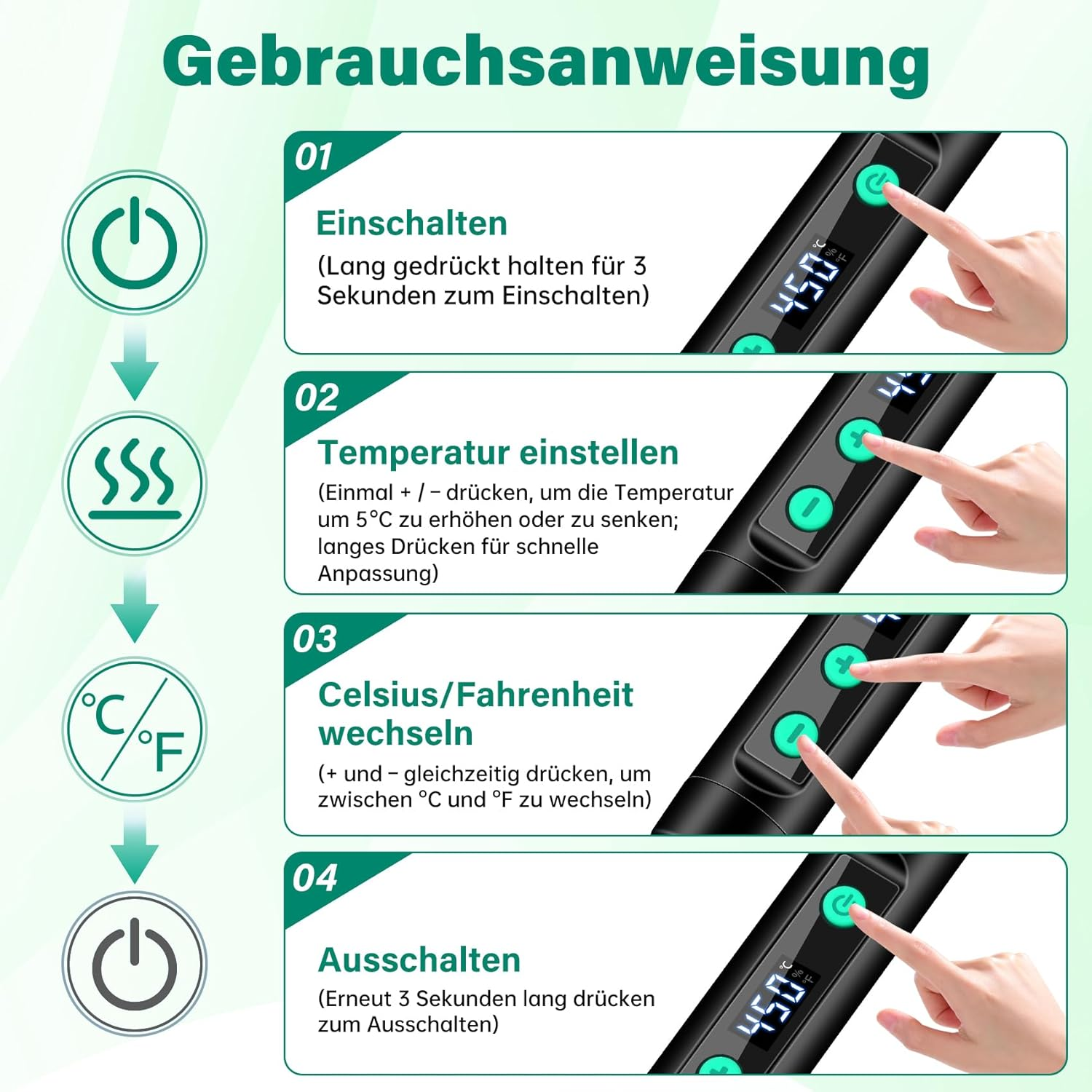 Anleitung: Einschalten, Temperatur einstellen, C/F wechseln, Ausschalten. Digitale Anzeige.