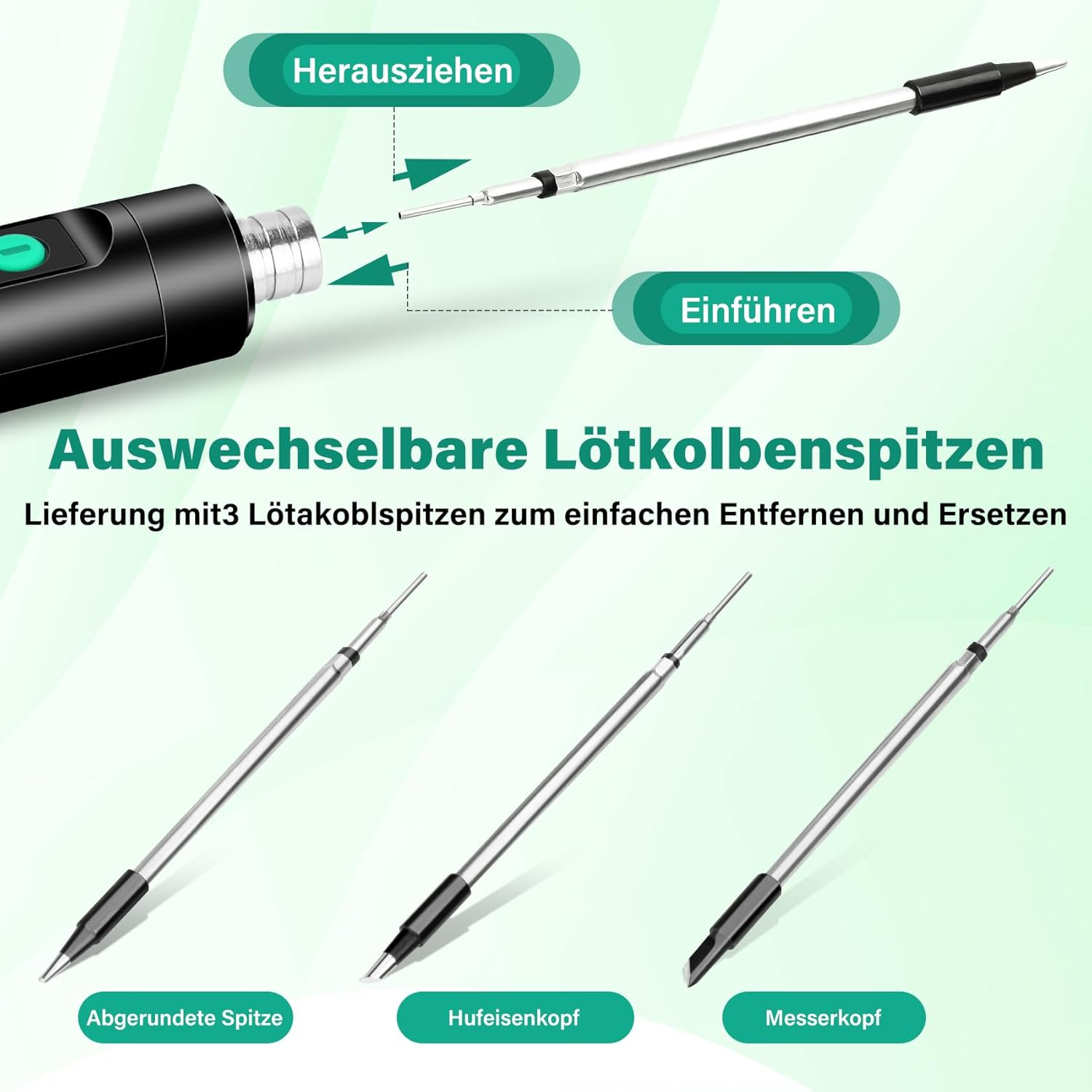 Schwarzer Griff mit drei verschiedenen Lötspitzen: rund, hufeisenförmig, messerförmig.