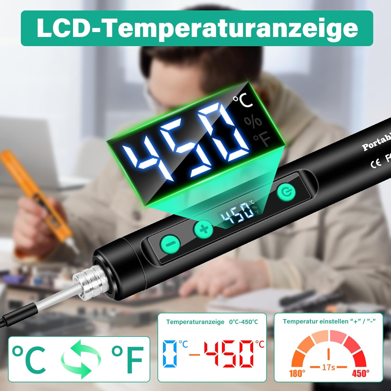 Ein schwarzer Lötkolben mit LCD-Anzeige, die 450°C anzeigt.
