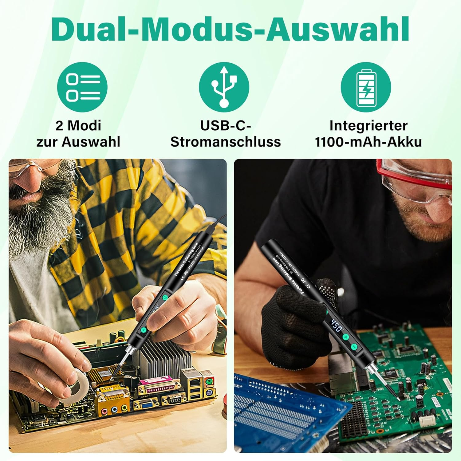 Zwei Männer reparieren Elektronik mit einem tragbaren Lötkolben. Anzeige zeigt 450 Grad.