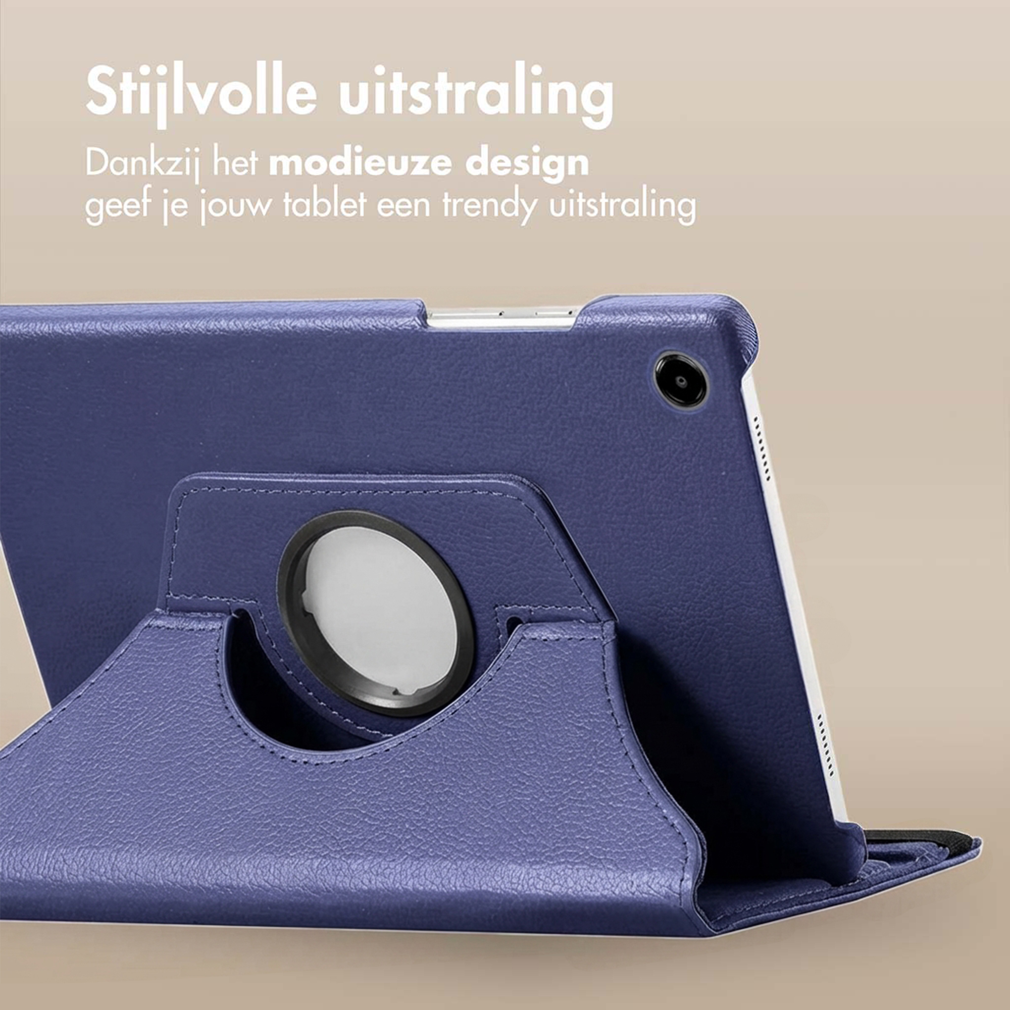 Purple tablet case with a stand and rear camera cutout.