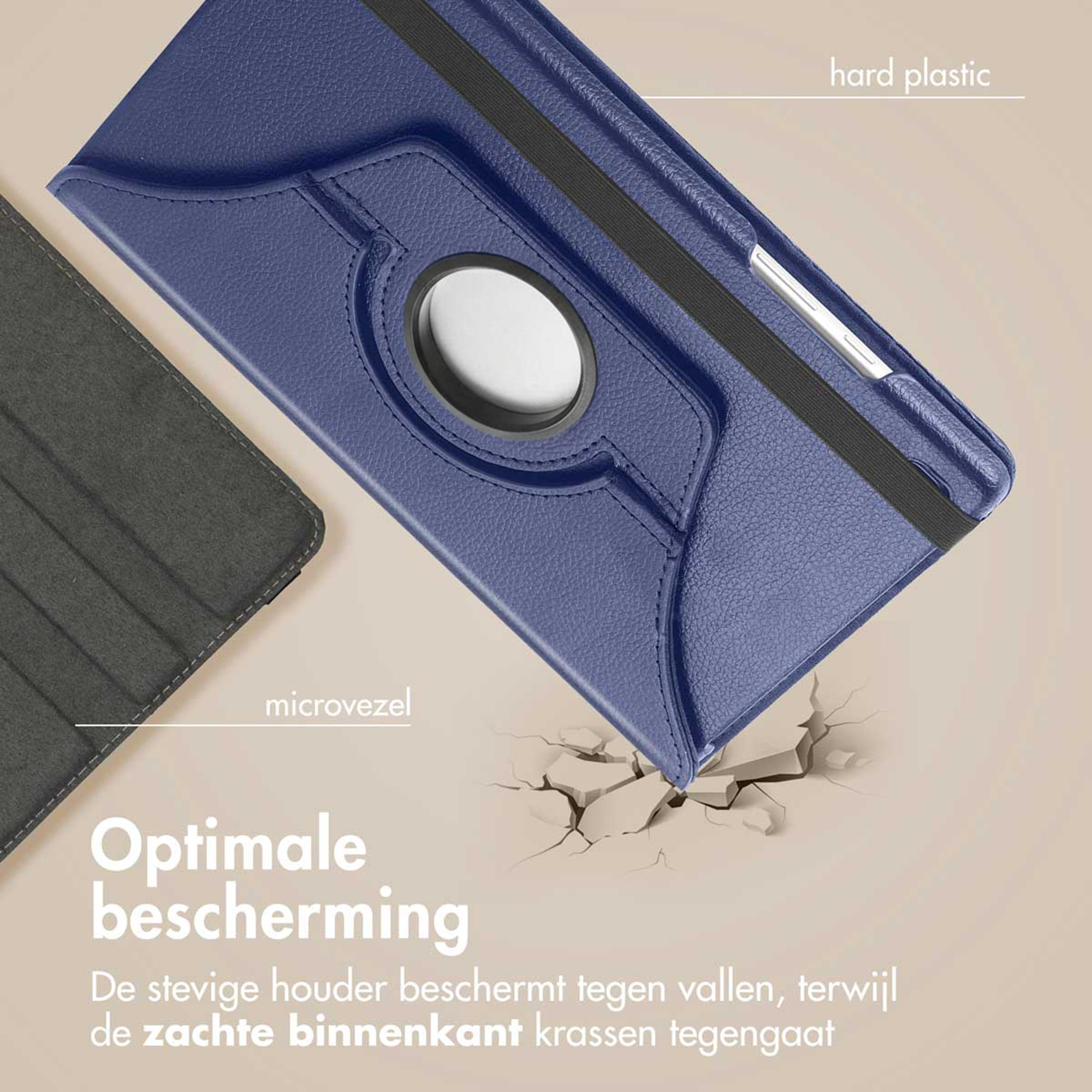 Blue tablet case made of hard plastic and microfiber with elastic band and circle cutout.