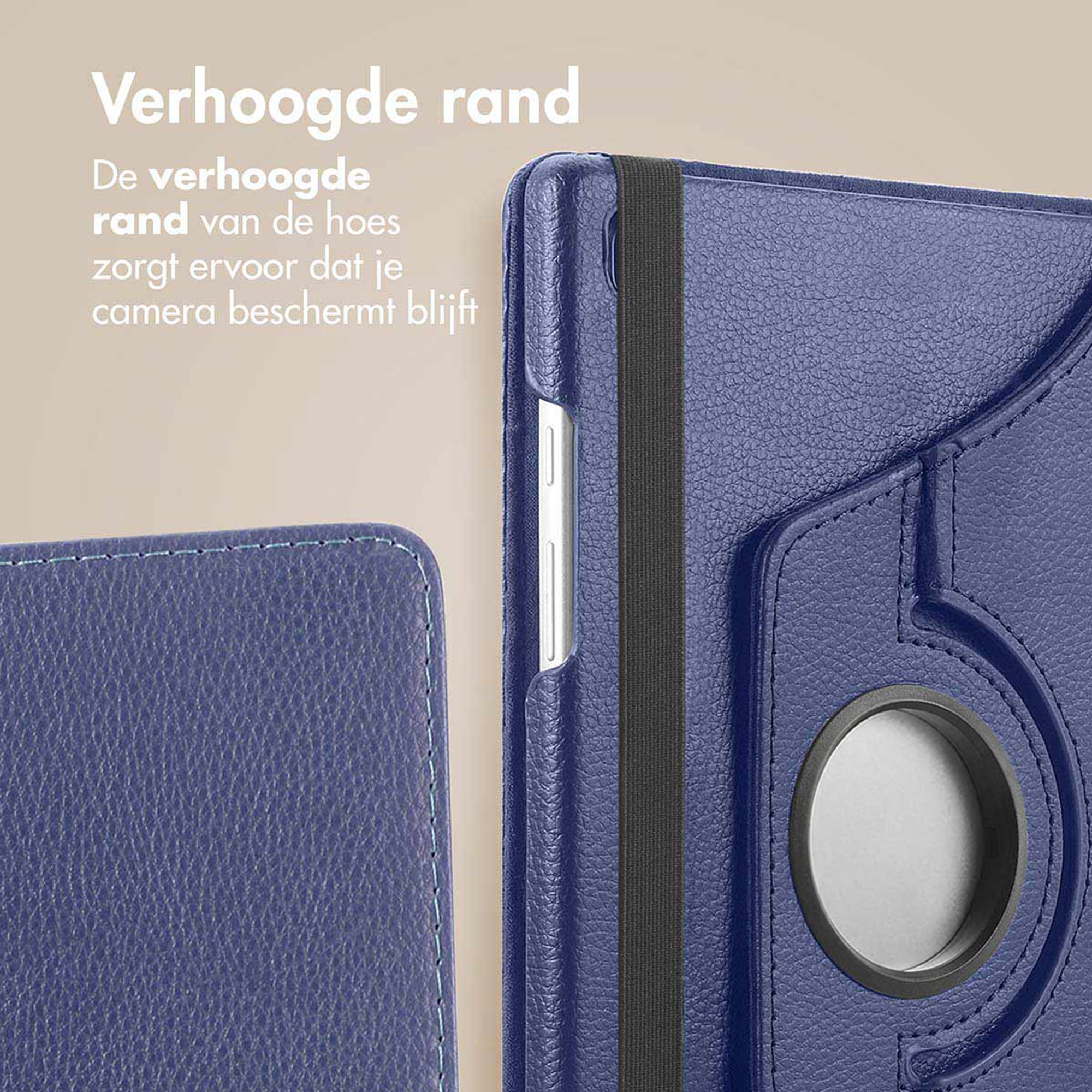 Dark blue case with raised edges and a black elastic band.