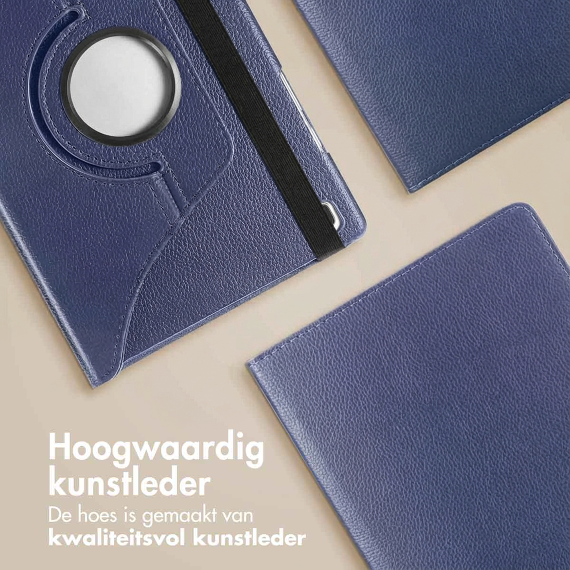 Dark blue faux leather case with a rotating ring and an elastic band.