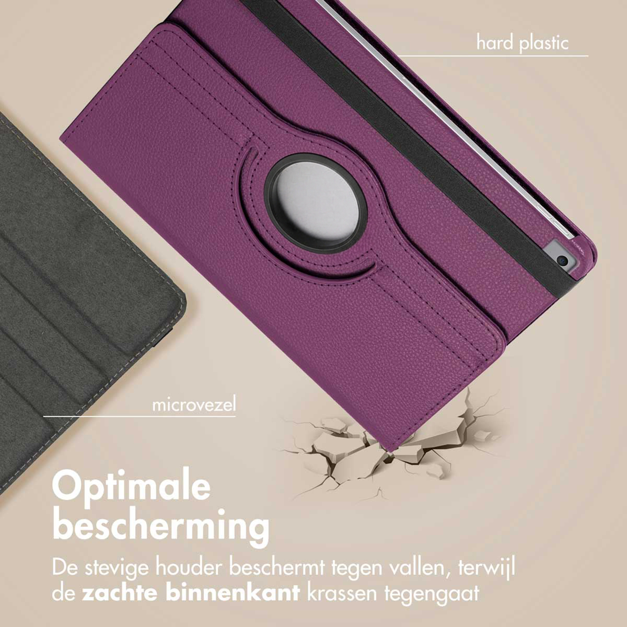 Purple tablet case with microfiber lining, covering cracked ground. Hard plastic.