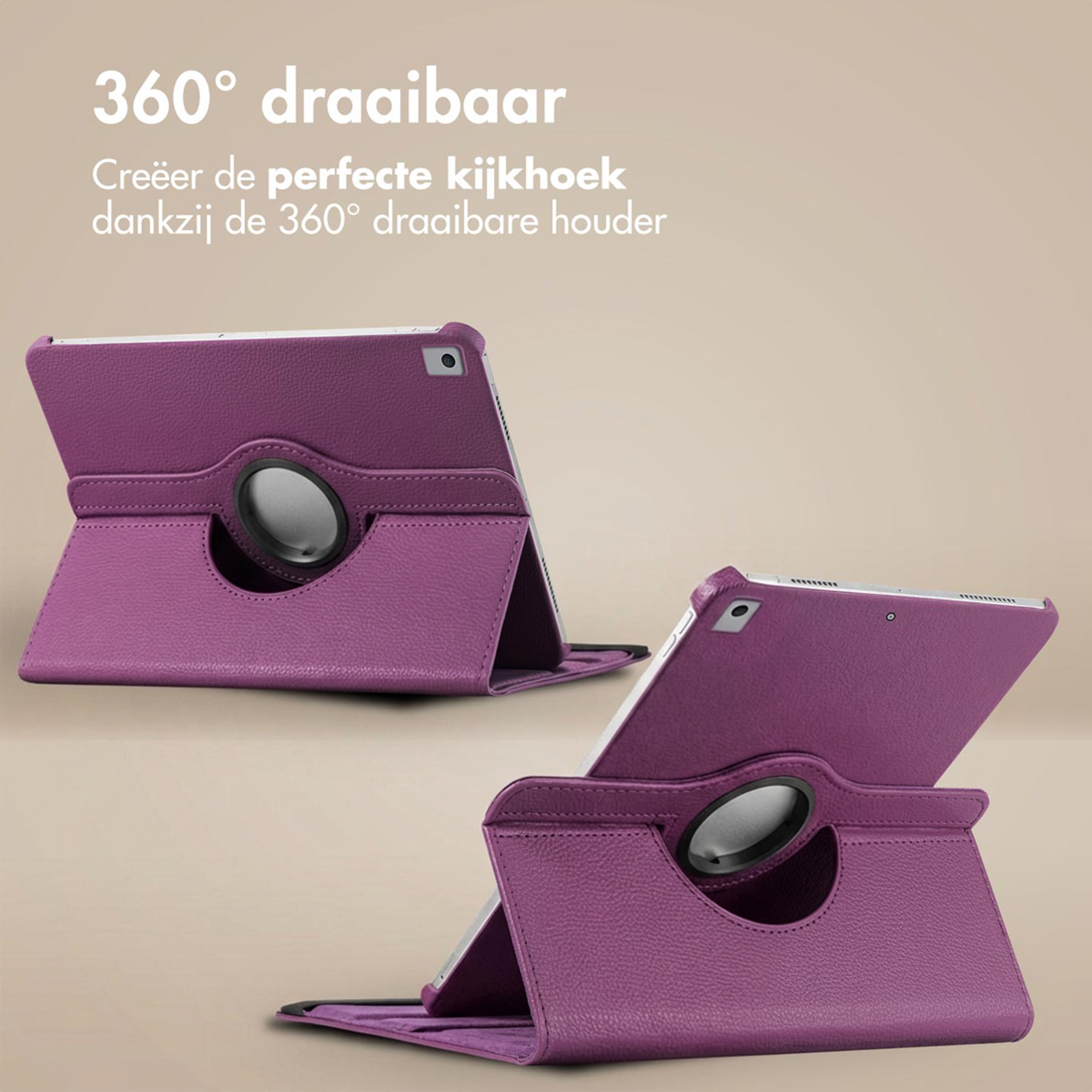 Purple tablet case with a rotating holder shown from two angles.