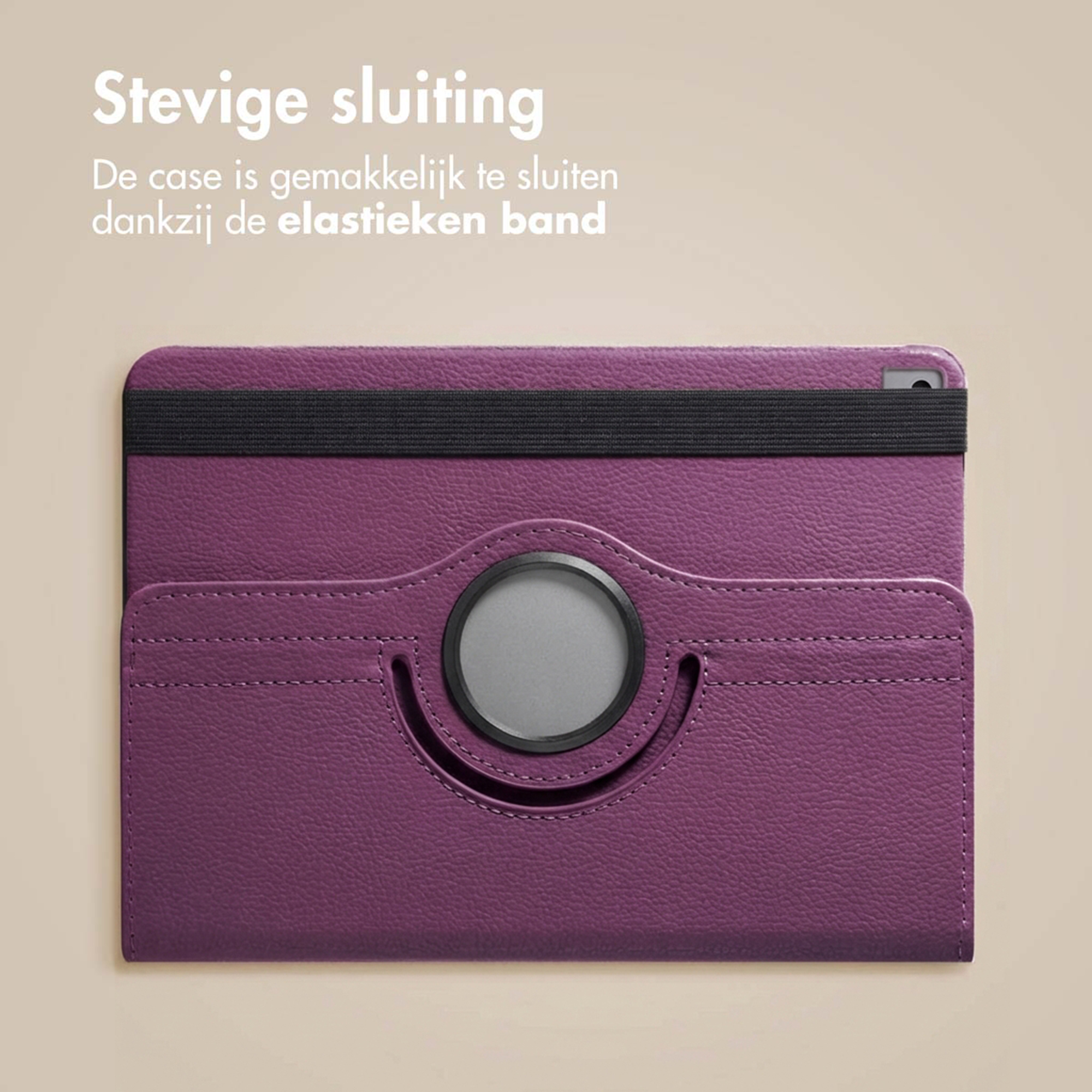 Purple tablet case with black elastic band and swivel.