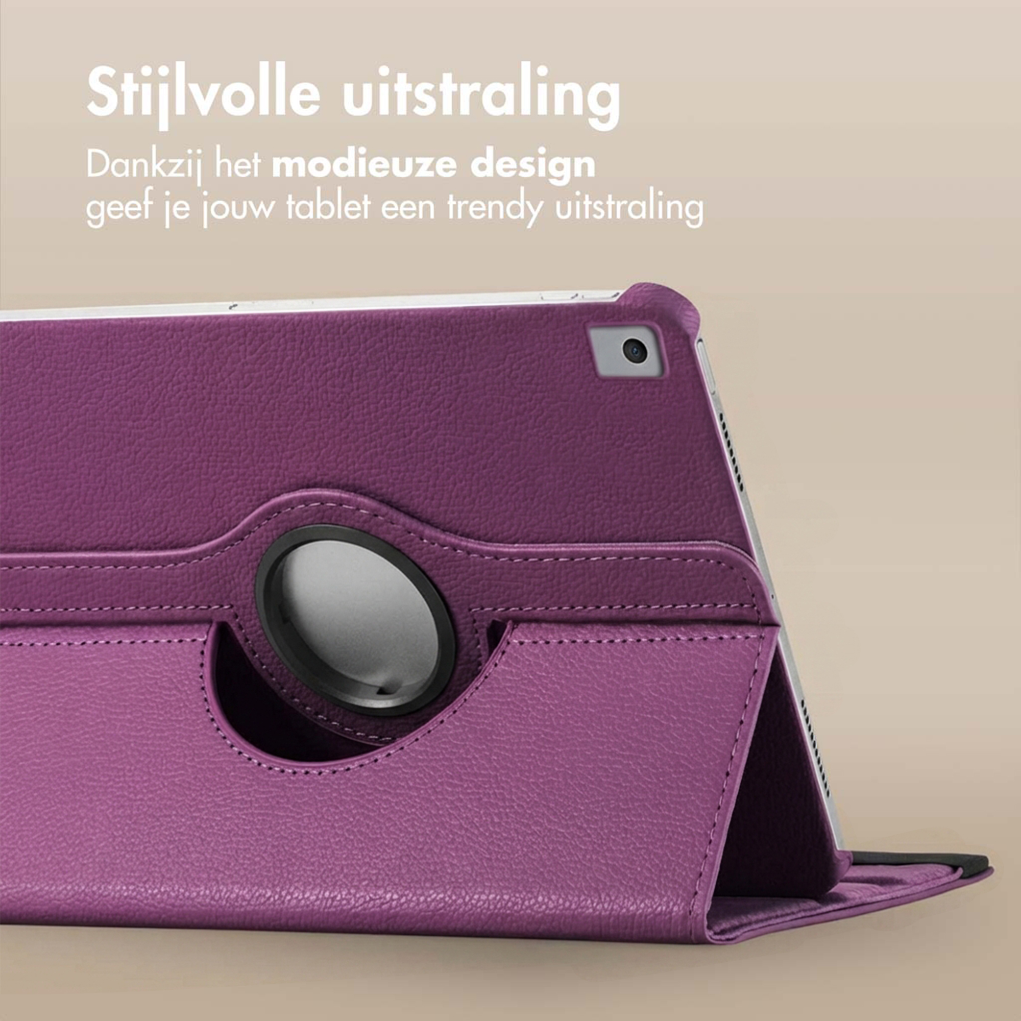 Purple tablet case with stand function and camera cutout.