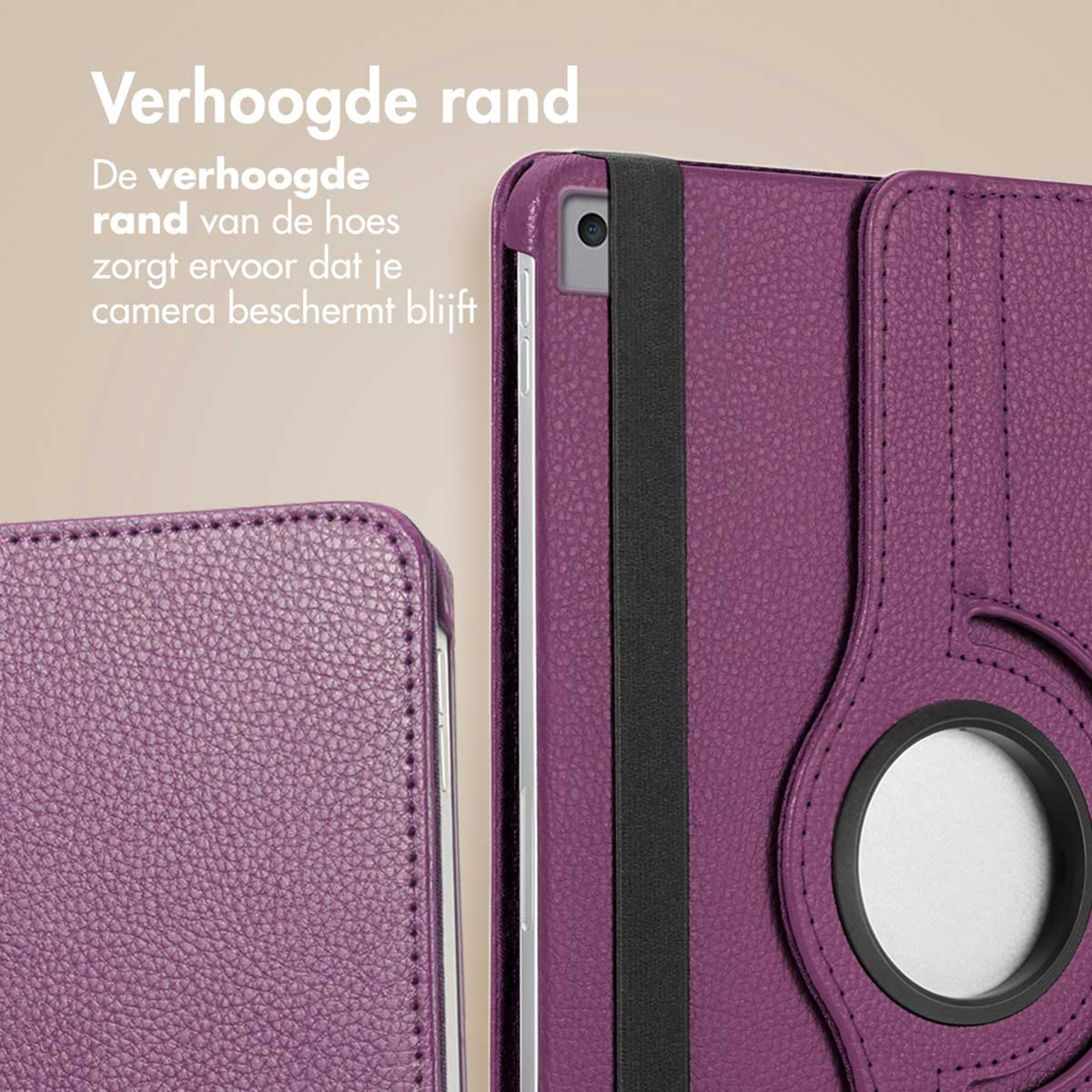 Purple tablet case with raised edges protecting the camera.