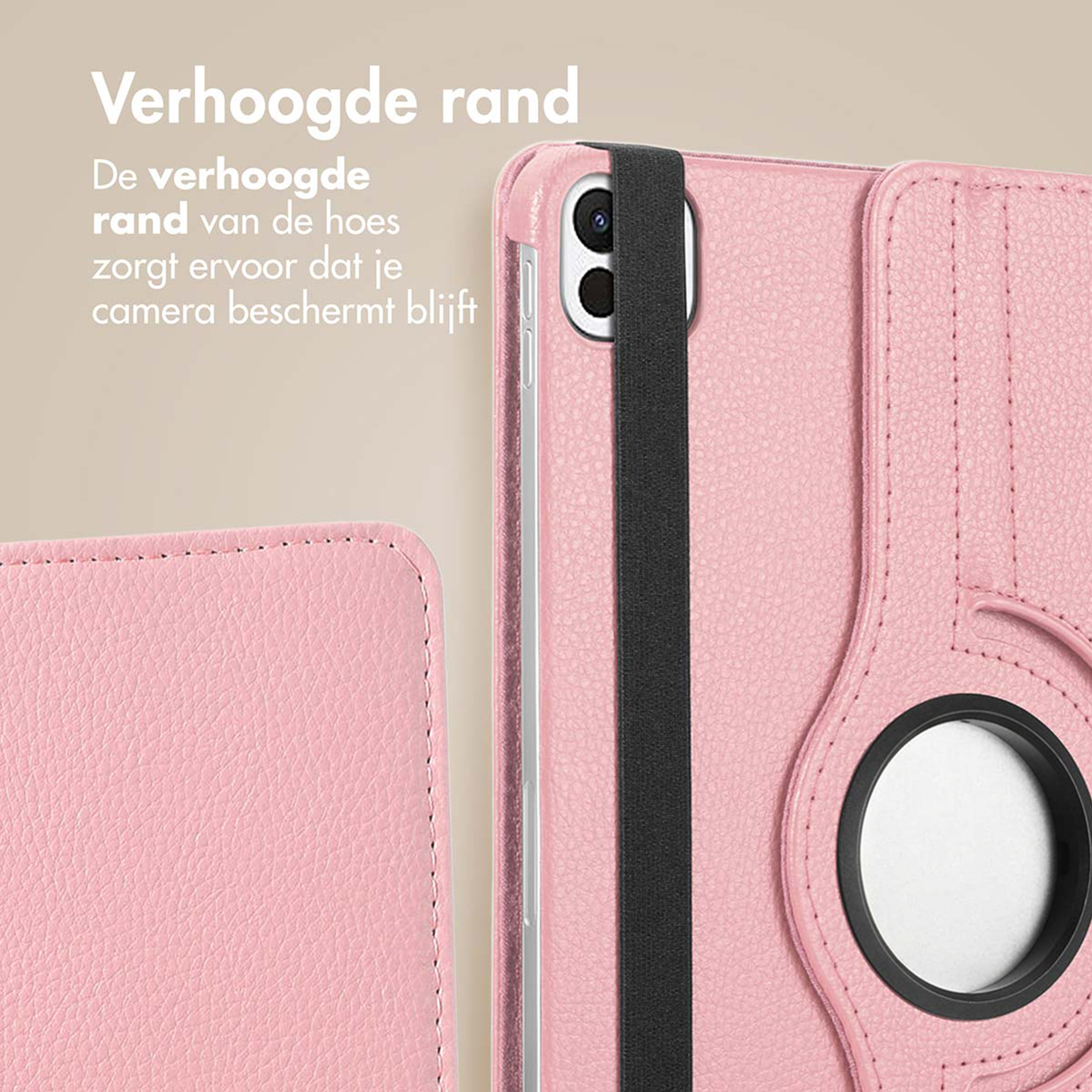 Roze tablethoes met verhoogde randen en zwarte band.