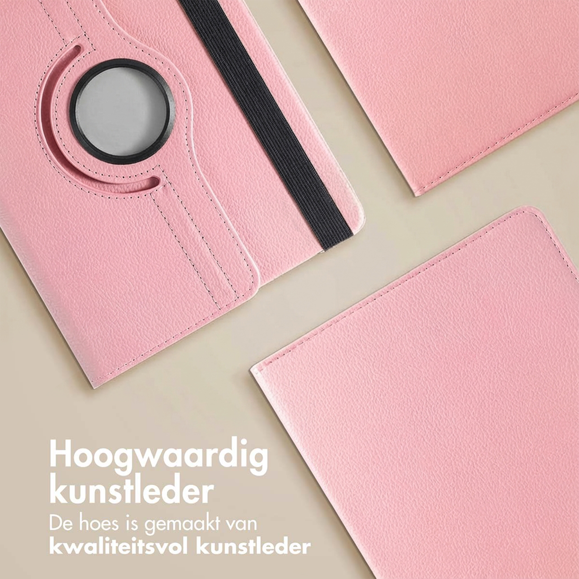 Een roze kunstleren tablethoes met een zwarte elastische band.