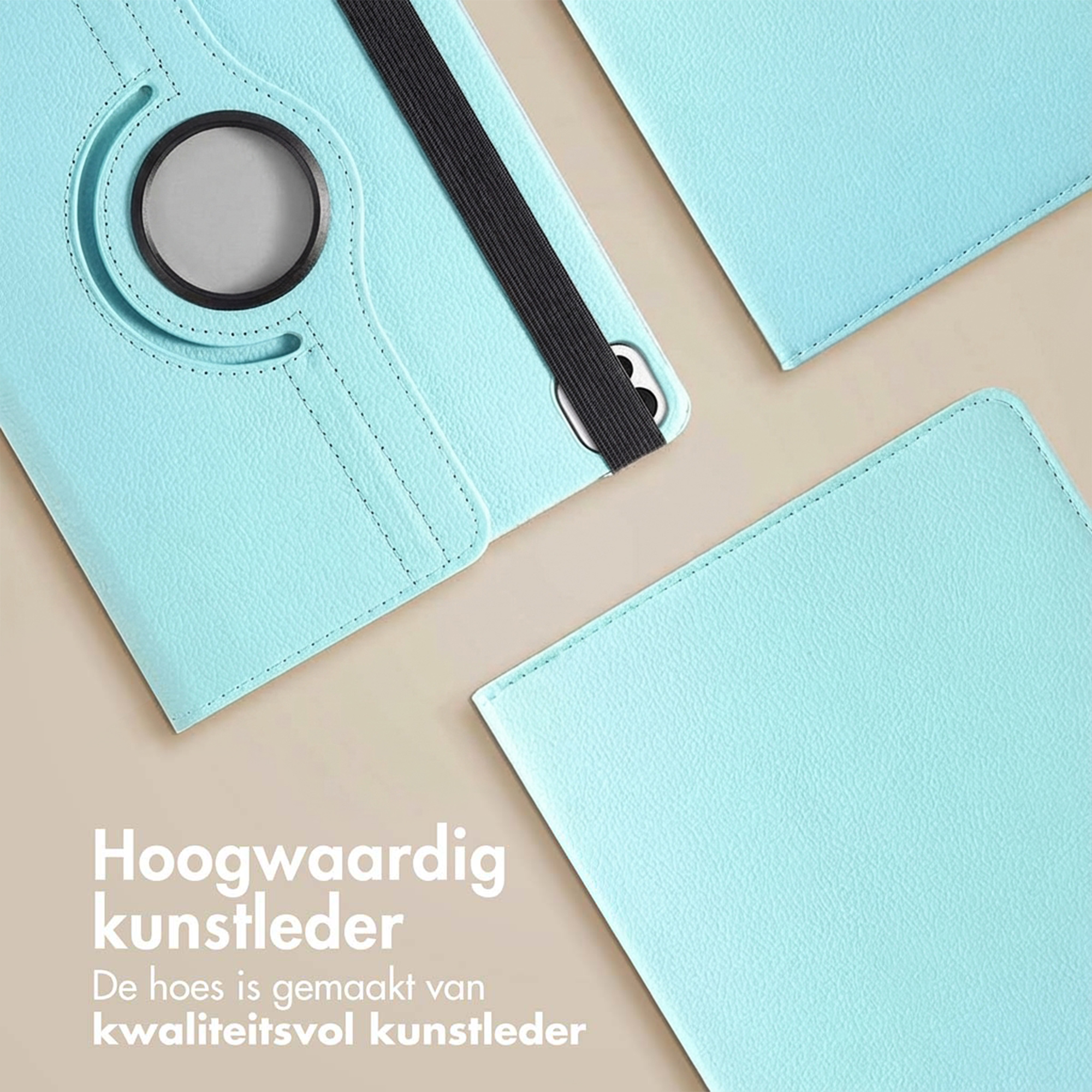 A light blue faux leather tablet case with a black elastic band and camera ring.