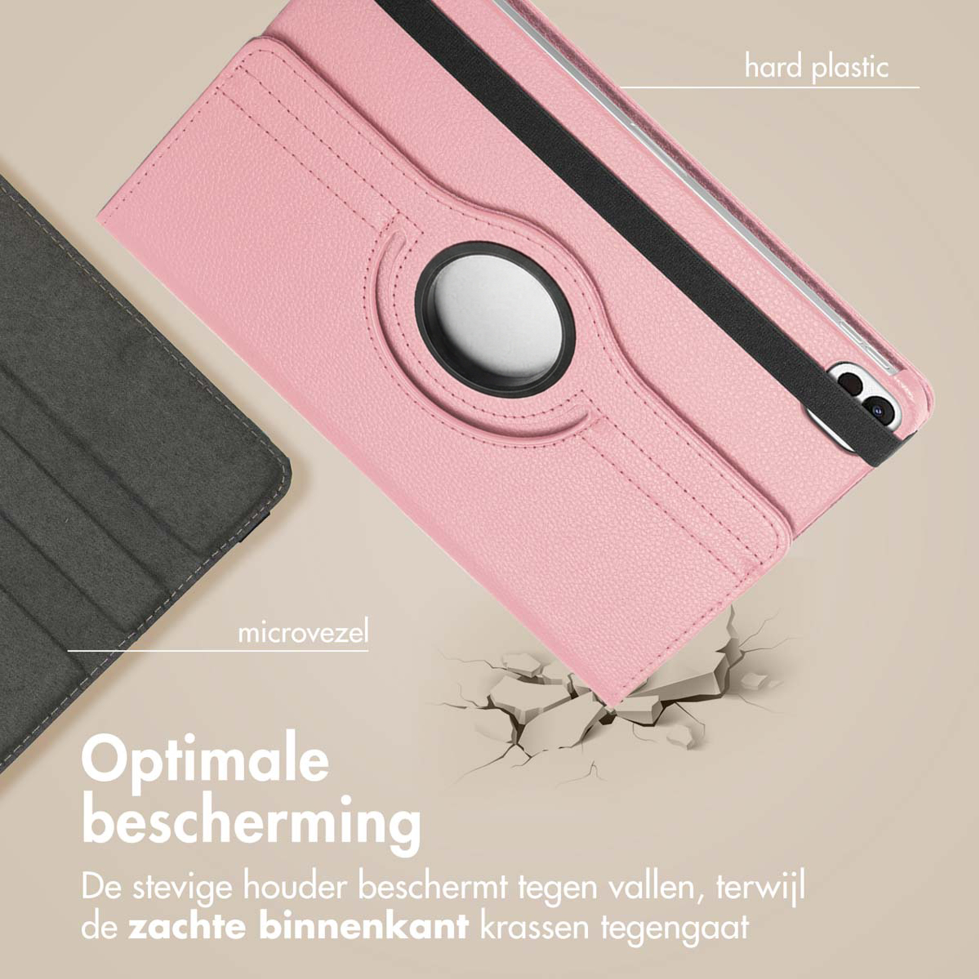 Roze tablethoes met microvezel en hardplastic details, die een val simuleert.