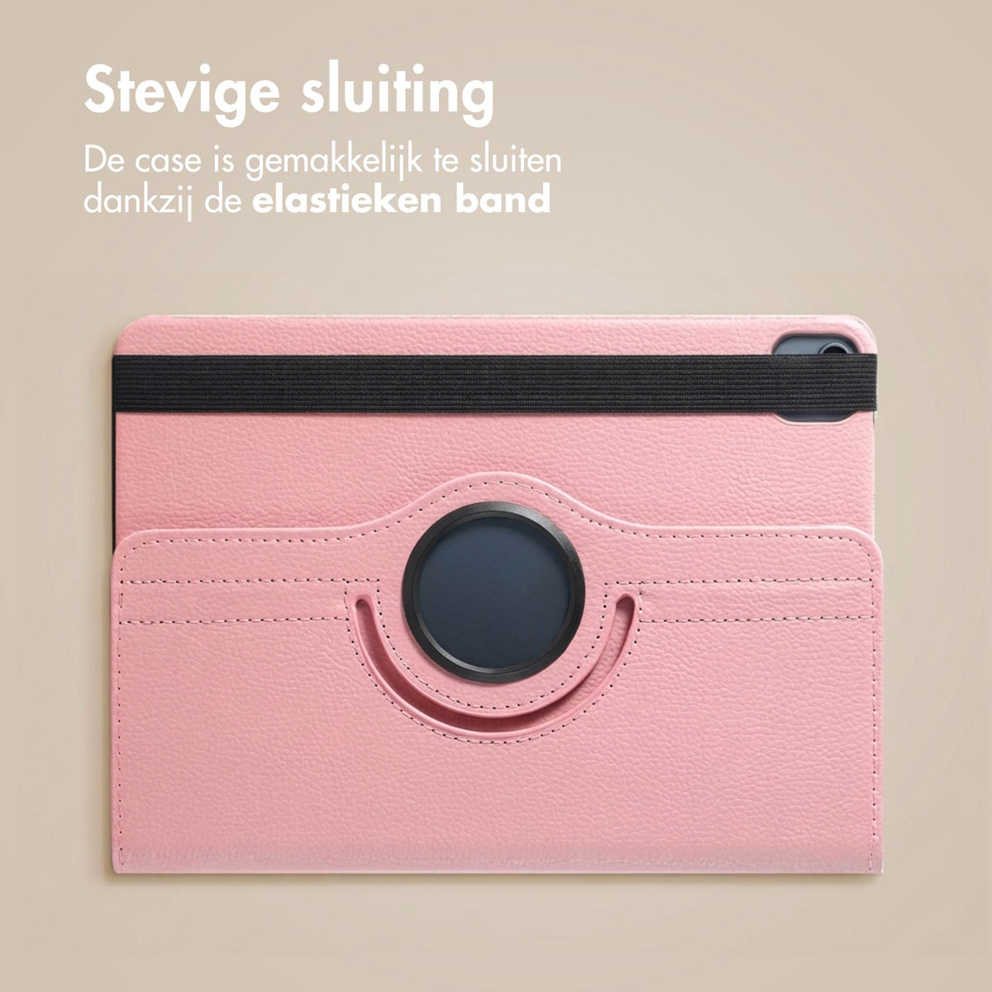 Roze tablethoes met zwarte elastiek en cirkelvormige uitsparing.