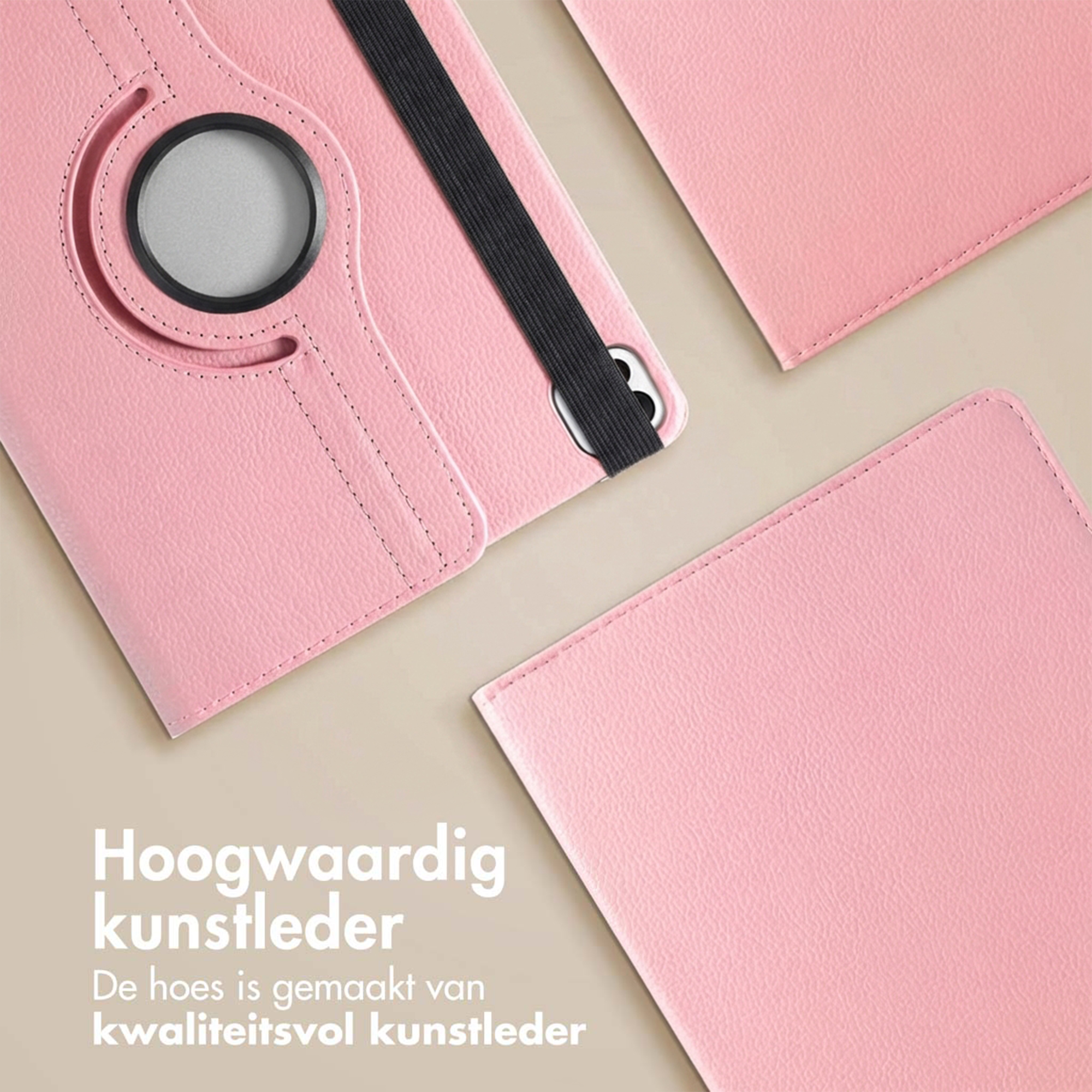 Een roze kunstleren tablethoes met een zwarte elastische band en camera-uitsparing.