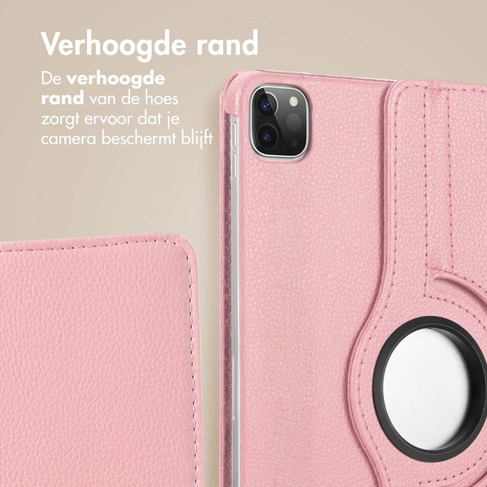 Roze telefoonhoes met verhoogde randen rond de camera ter bescherming.