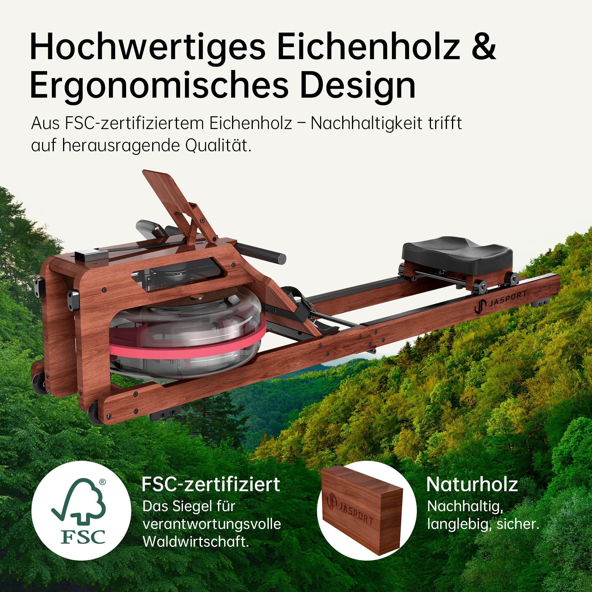 Hölzerne Rudermaschine mit FSC-Logo. Text erwähnt Eichenholz & ergonomisches Design.