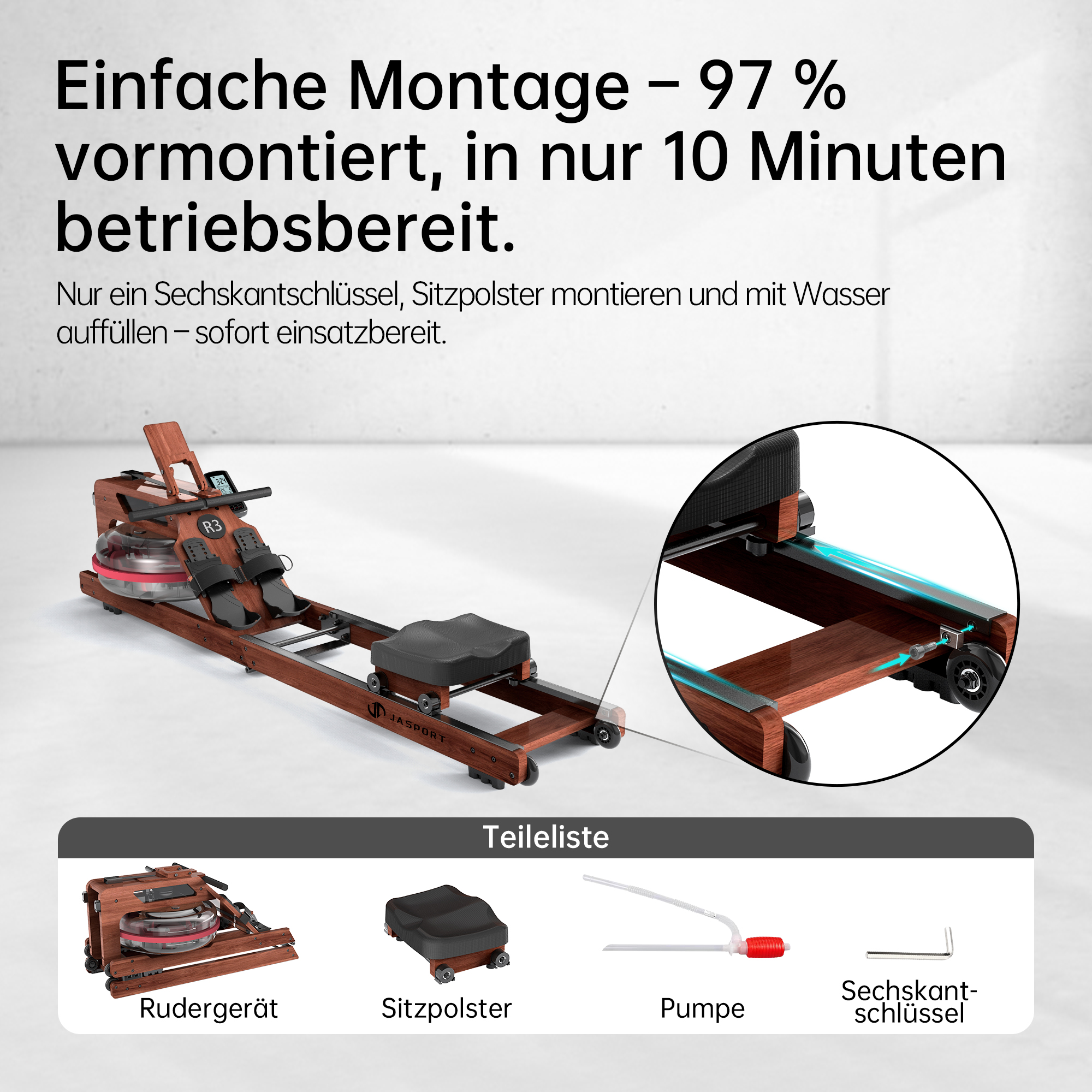 Ein R3 Rudergerät aus Holz mit Sitzpolster, Pumpe und Werkzeug. Montageanleitung.