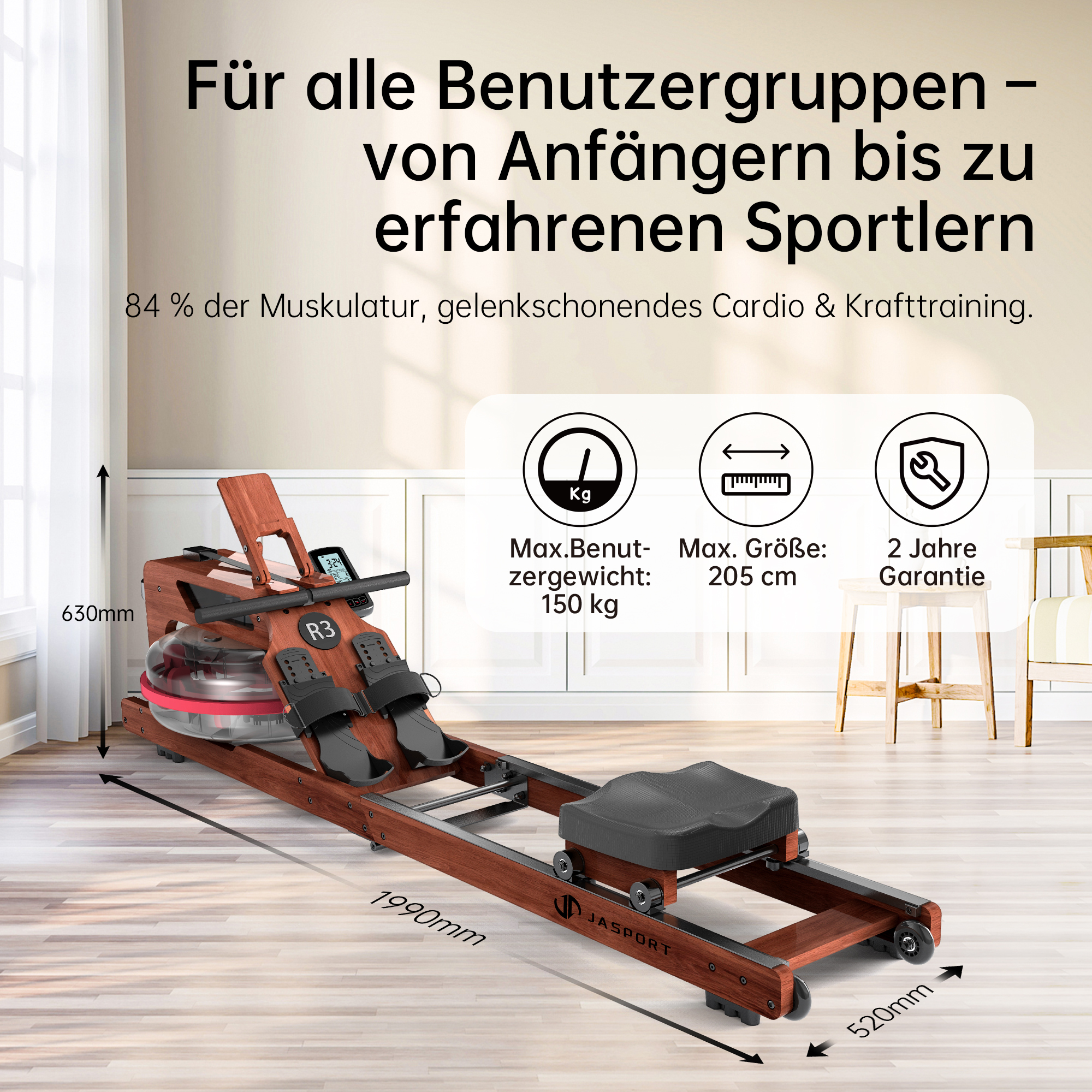 Ein hölzernes Rudergerät mit schwarzem Sitz und Display. Maße: 1990x630x520mm.