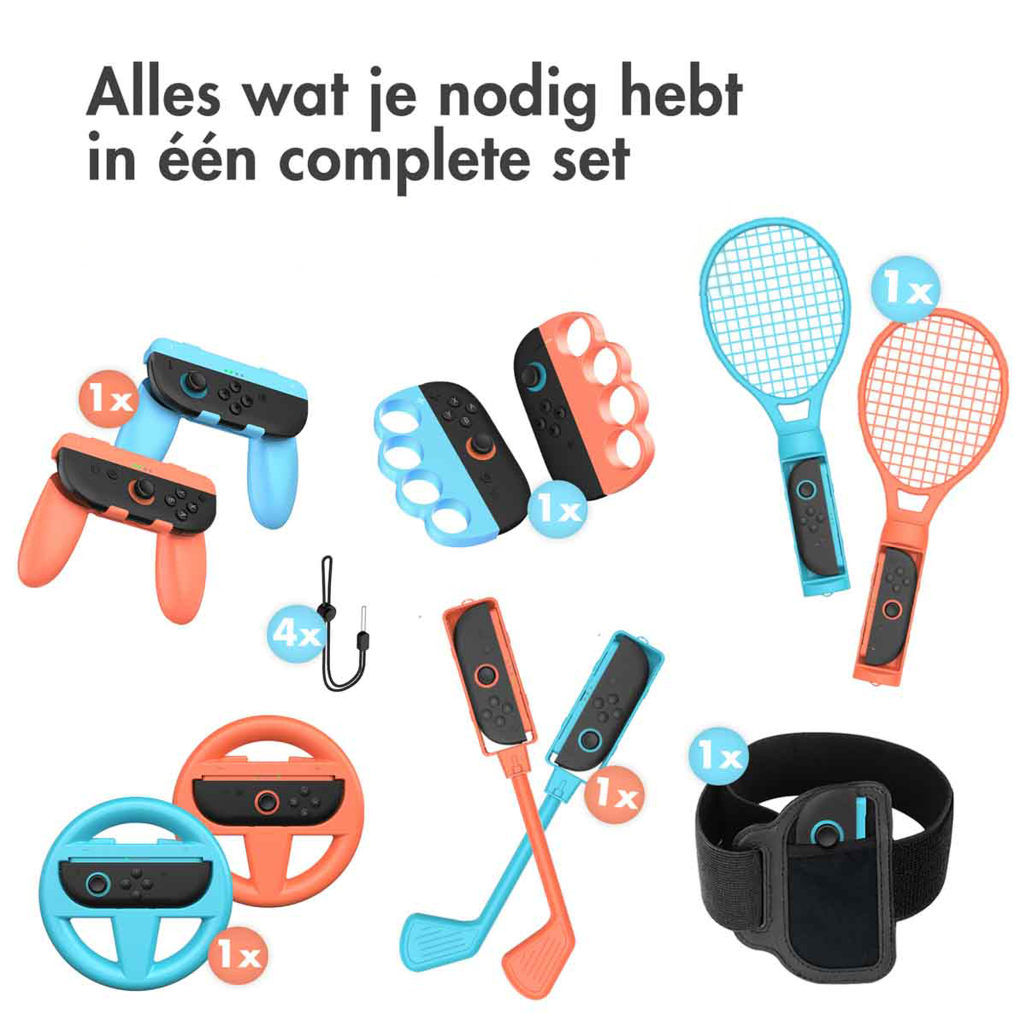 Accessori da gioco blu e arancioni: Joypad, racchette, volanti, mazze da golf, cinturino polso.