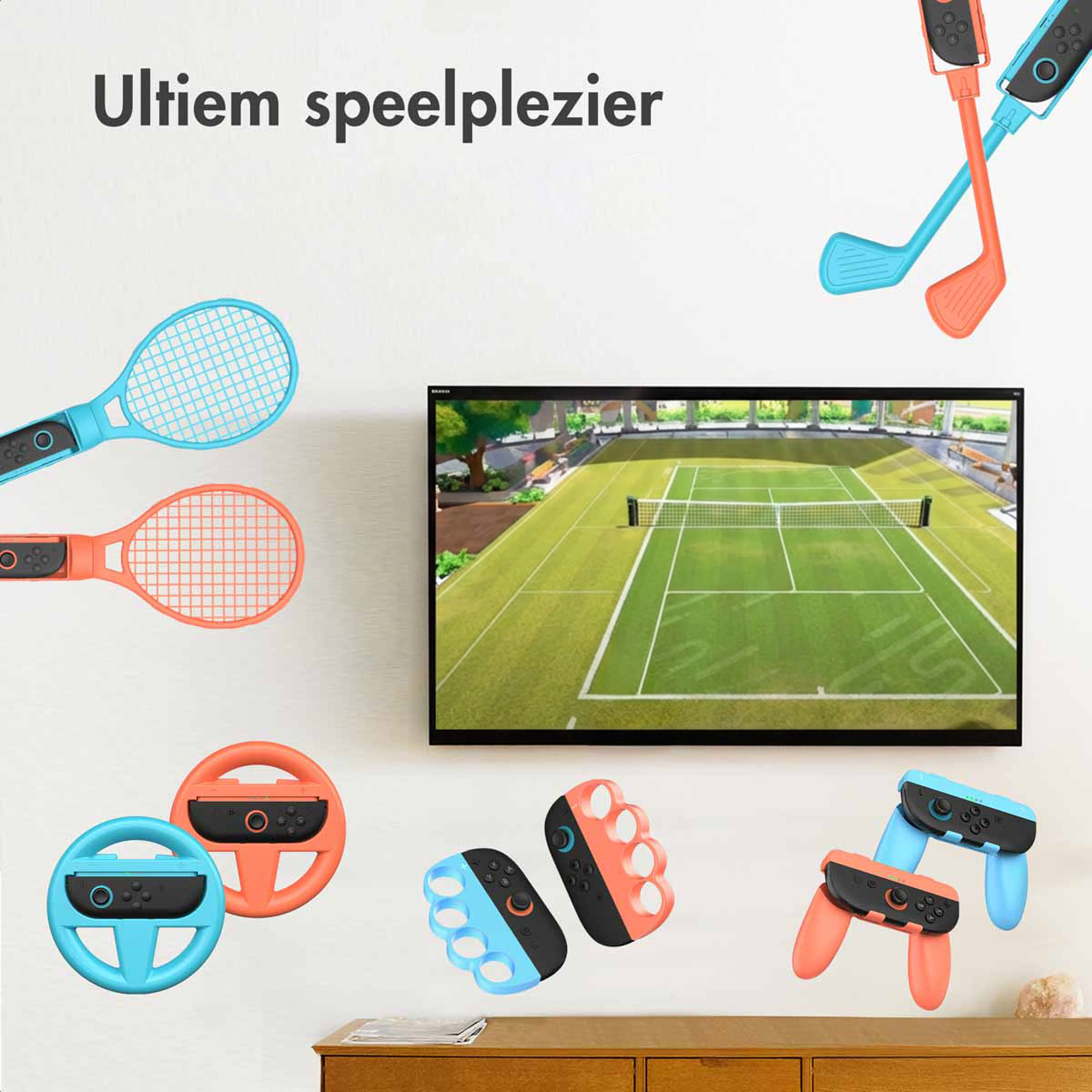 Accessori da gioco: racchette, volanti, impugnature, mazze da golf e campo da tennis in TV.