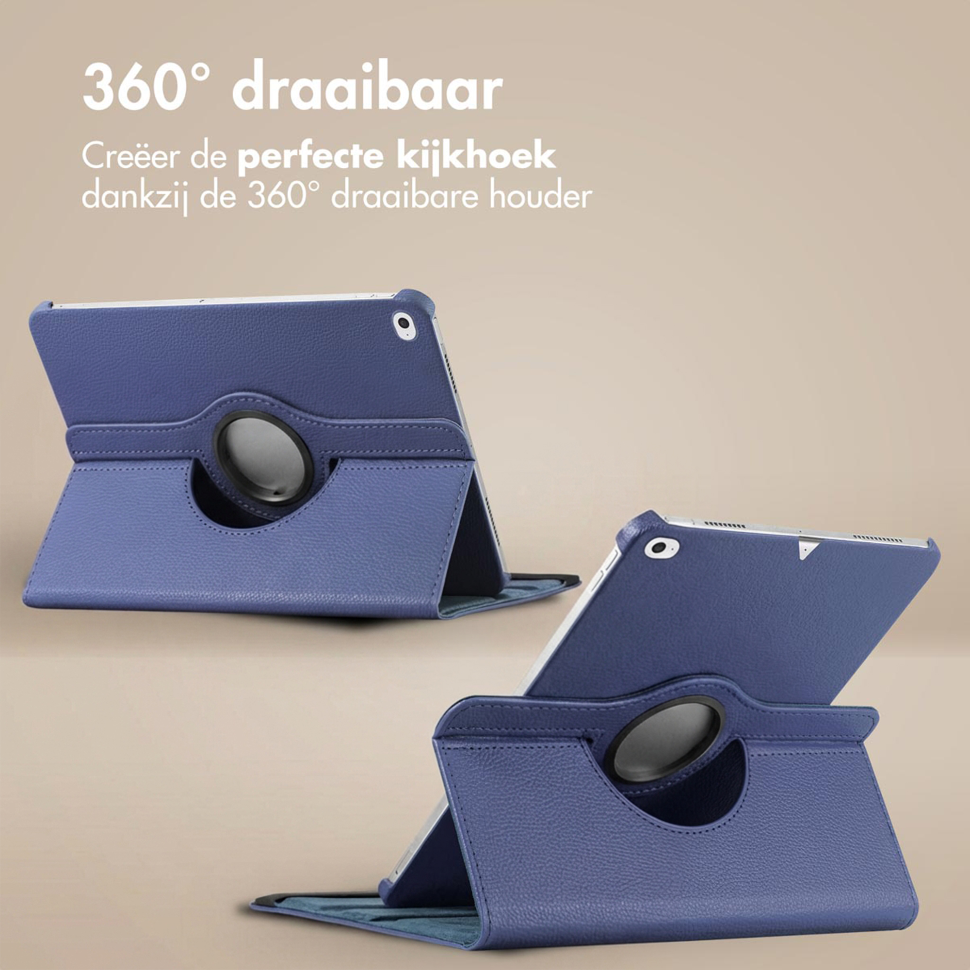 A blue tablet in a 360° rotating case, standing upright.