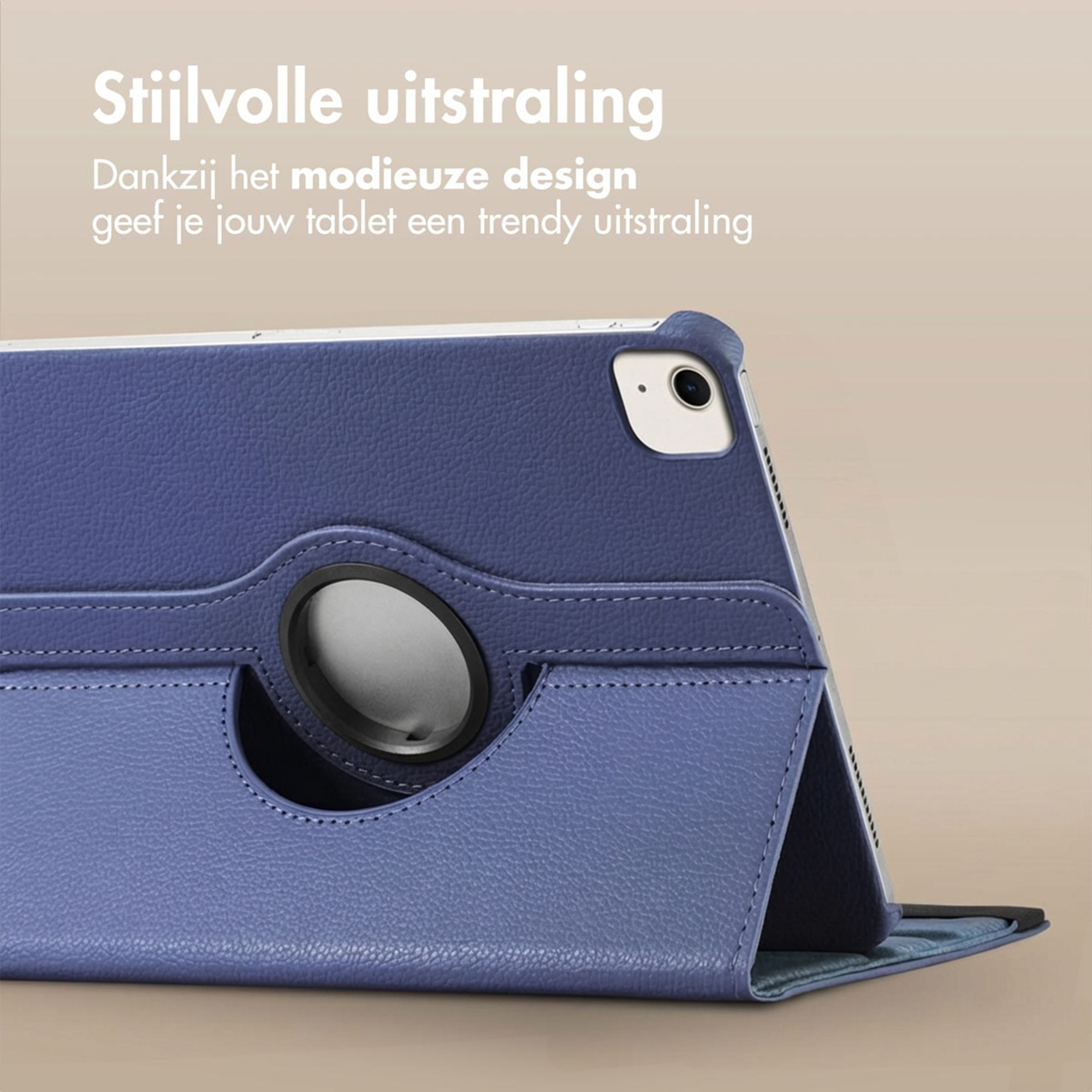 A blue tablet case with a rotating ring and camera access, on a neutral background.