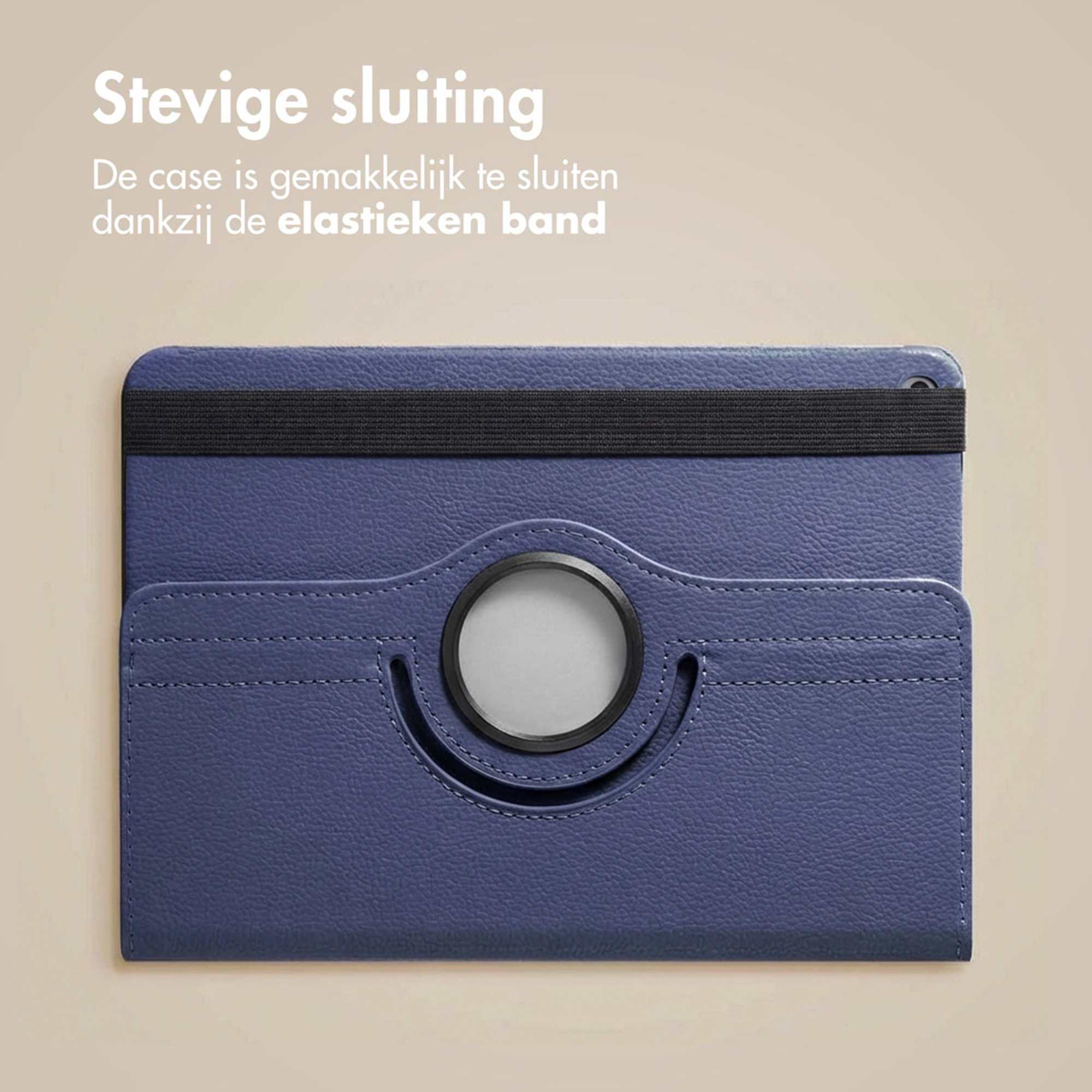 Dark blue tablet case with black elastic band and card slots.