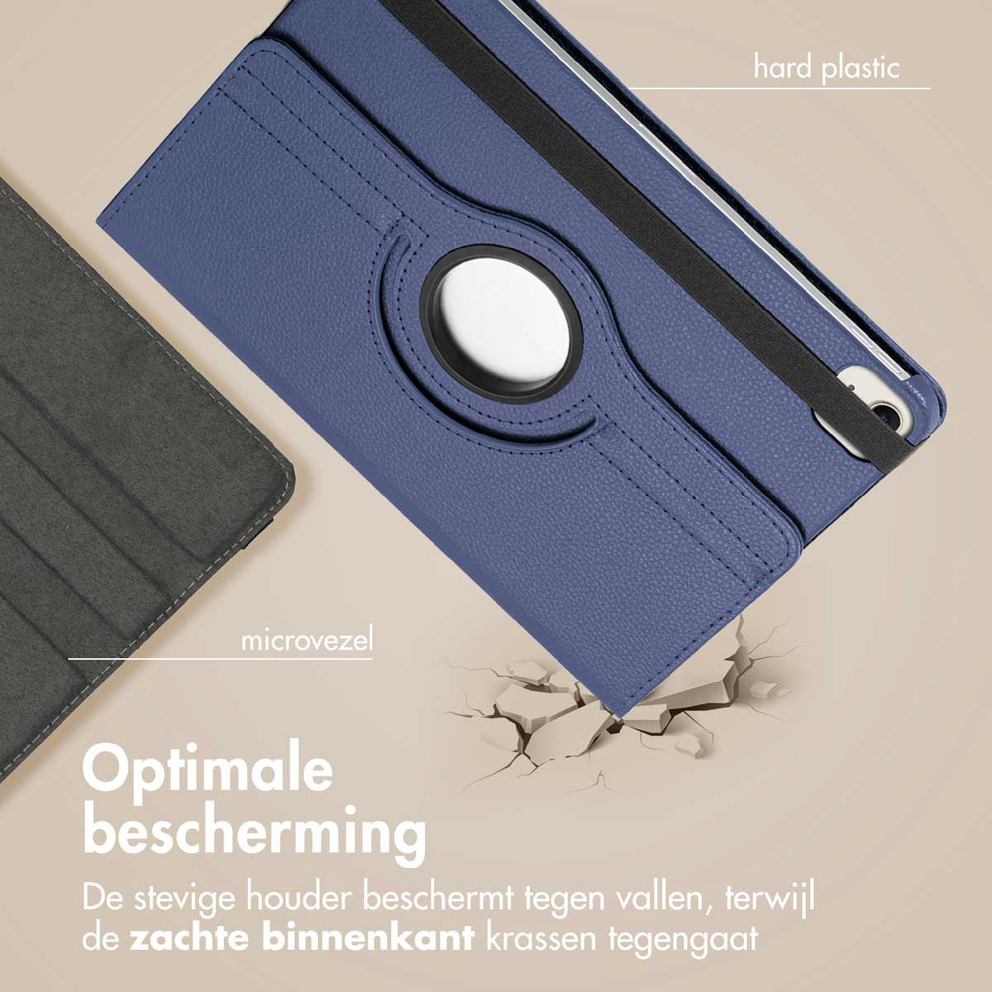 Blue hard plastic tablet case with microfiber interior and strap.