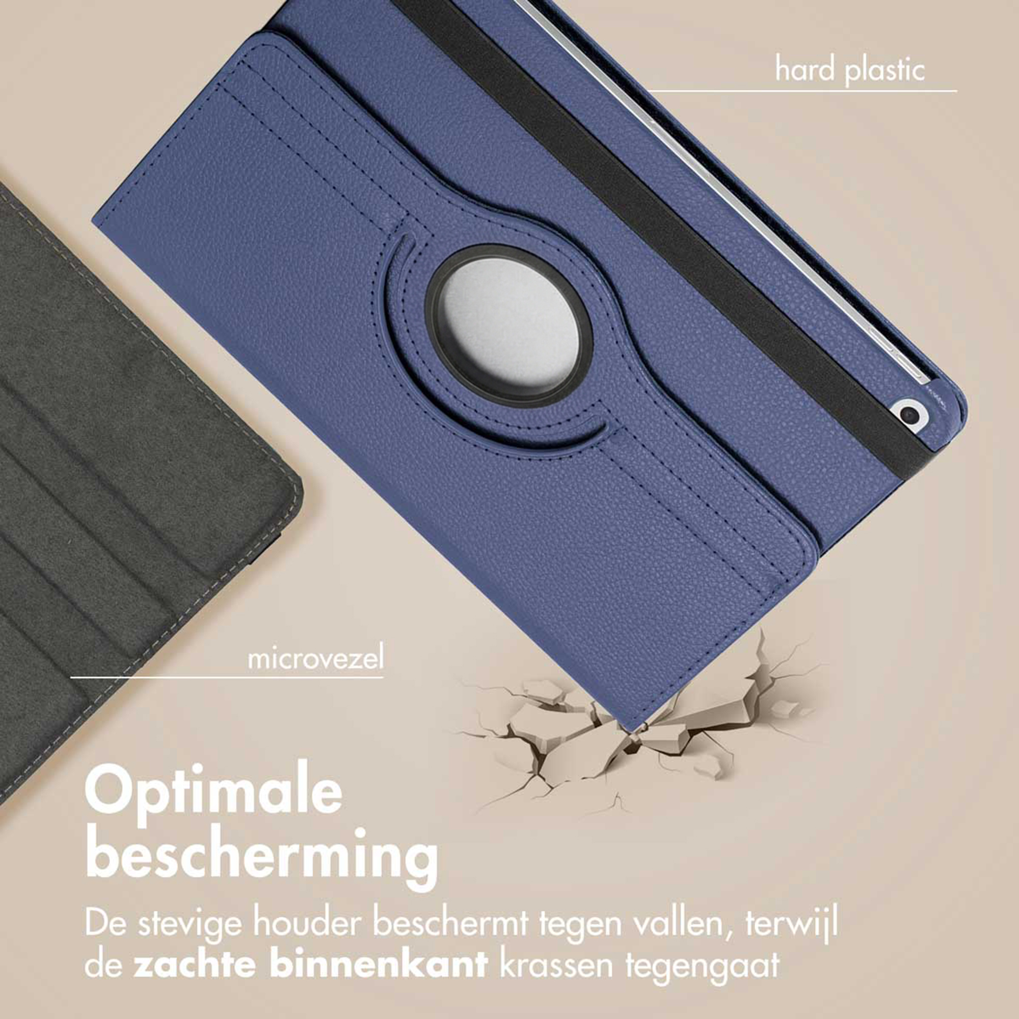 A blue tablet case made of hard plastic and microfiber with a rubber holder.