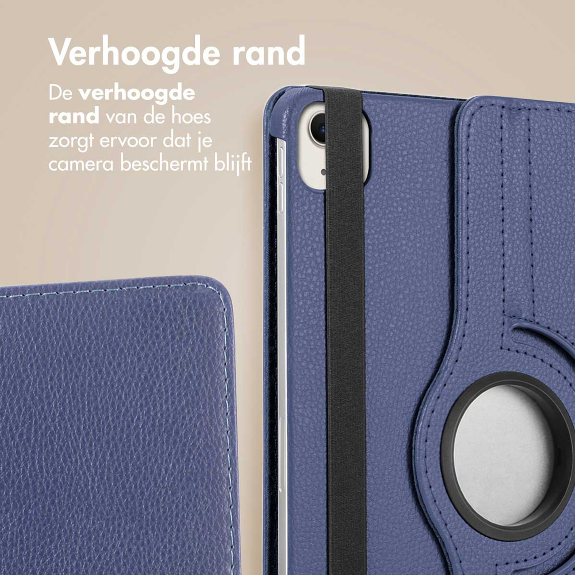 Blue case with raised edge protecting the camera. Text in Dutch.