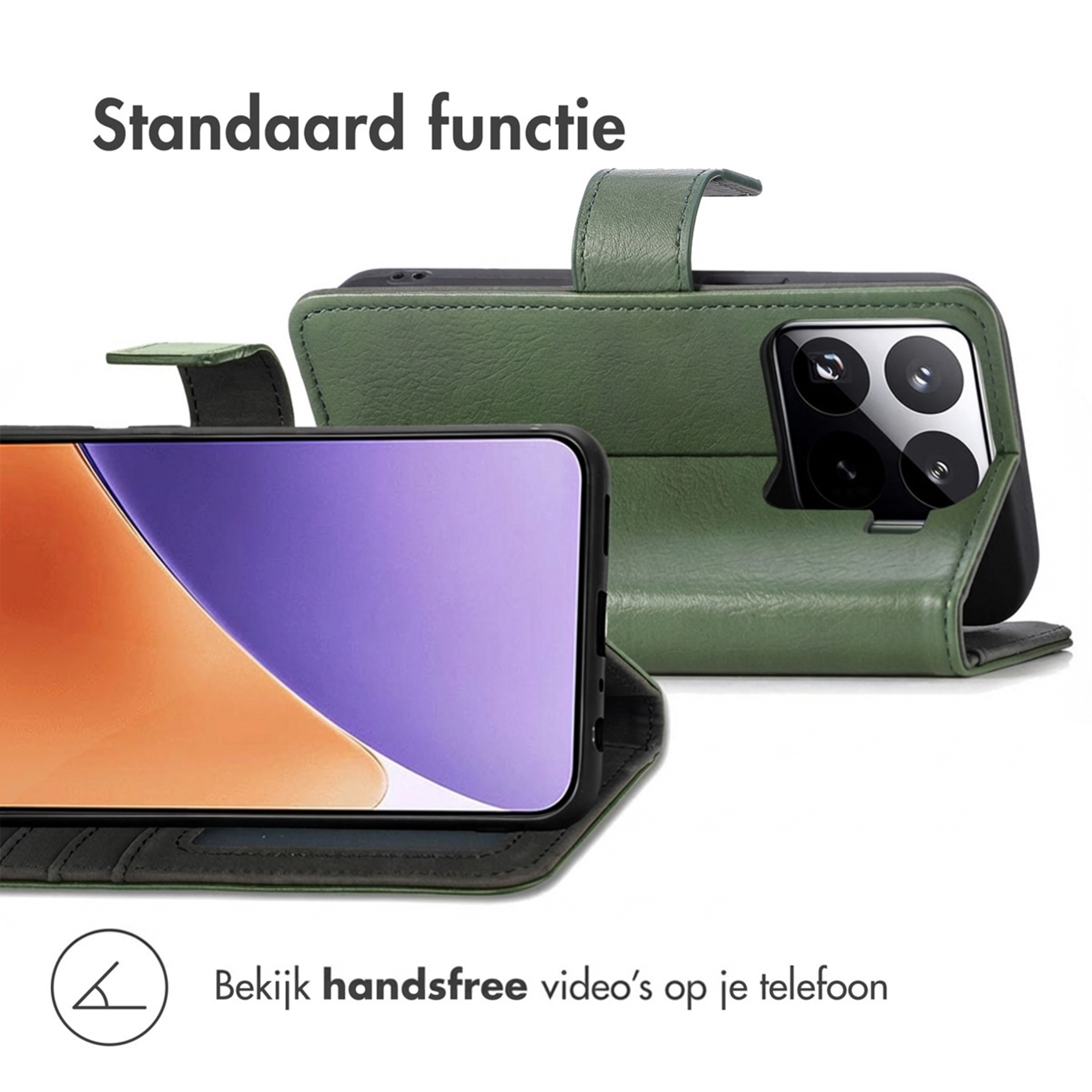 Étui de téléphone vert ouvert, montrant le téléphone et le module caméra.