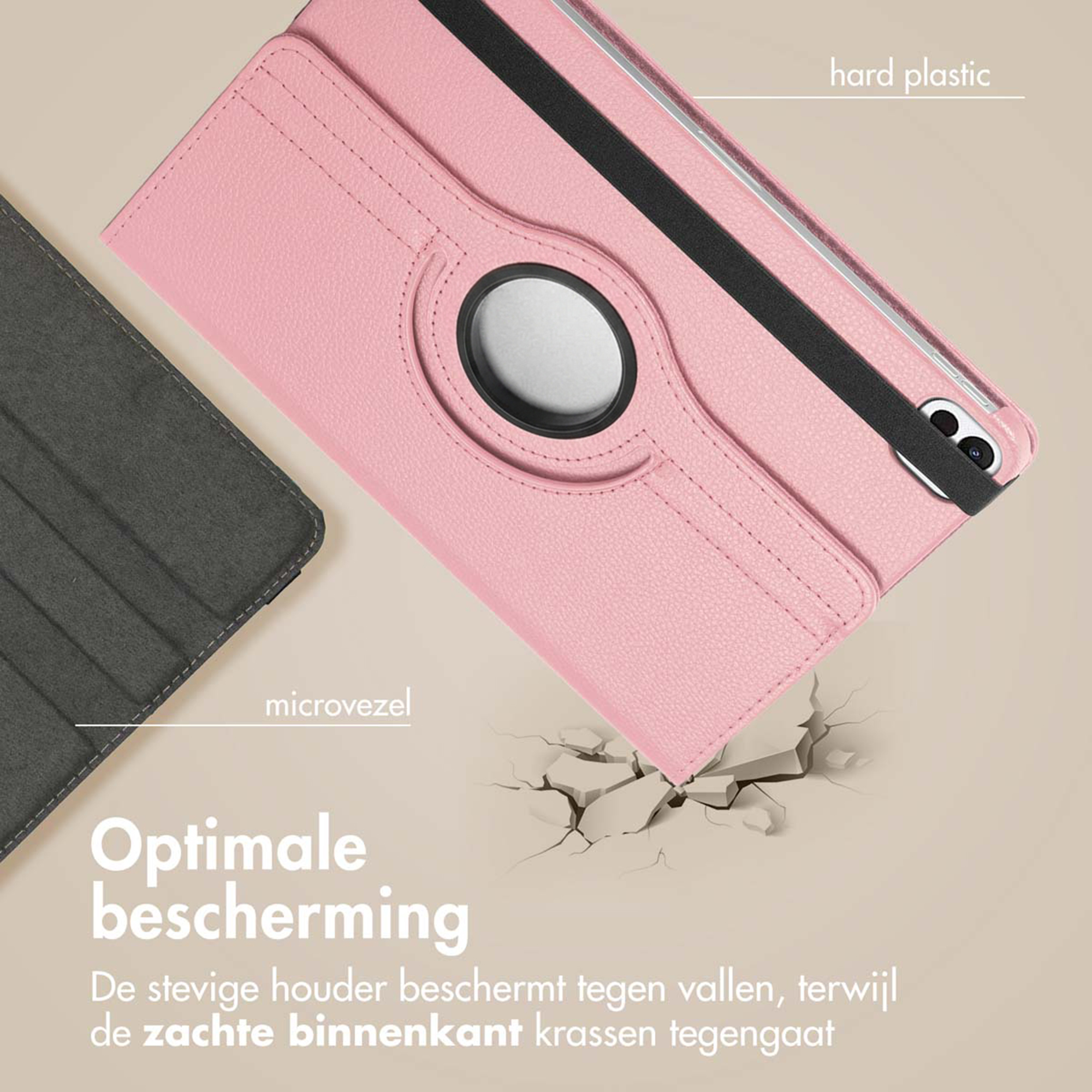 A pink tablet case made of hard plastic and microfiber with a black strap.