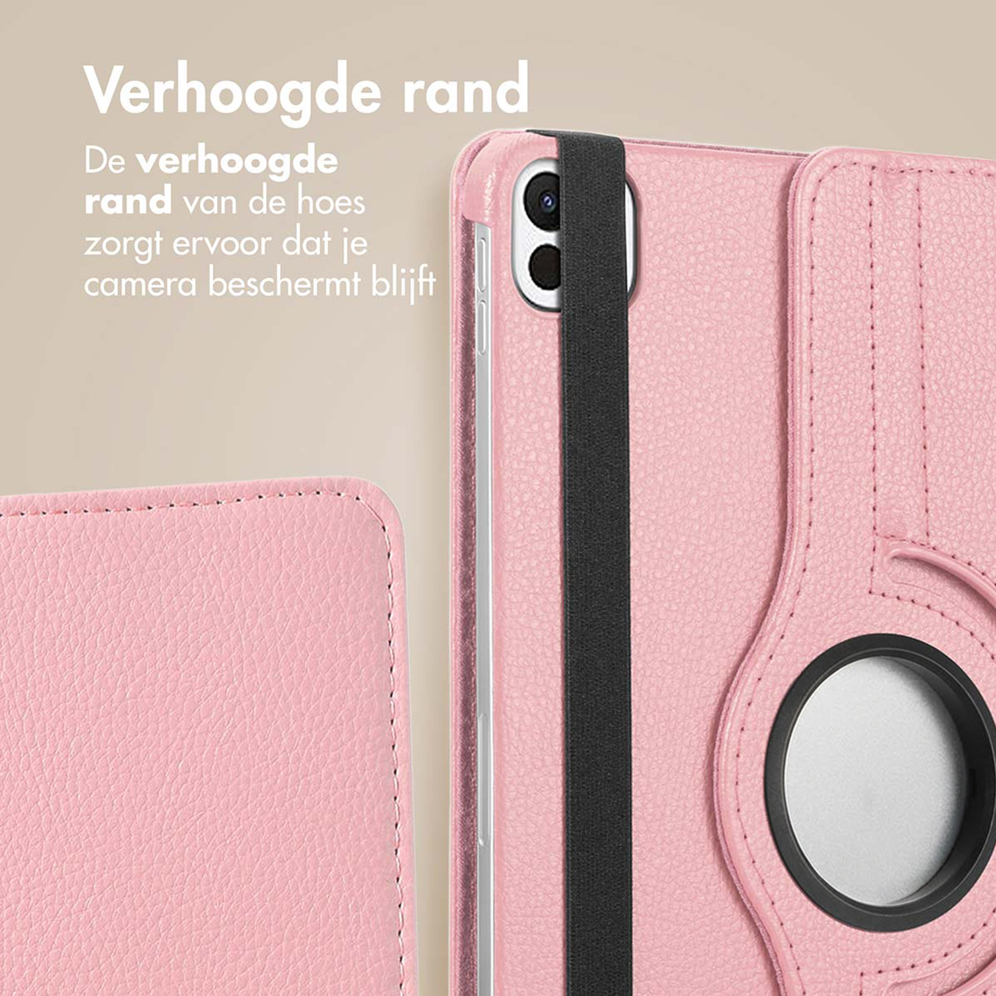 A pink protective case with a raised edge and a black strap.