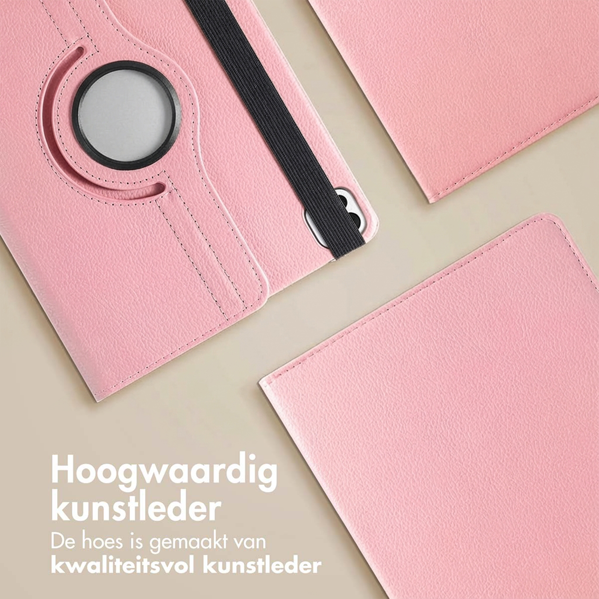 Pink faux leather tablet case with black elastic strap and camera cutout.
