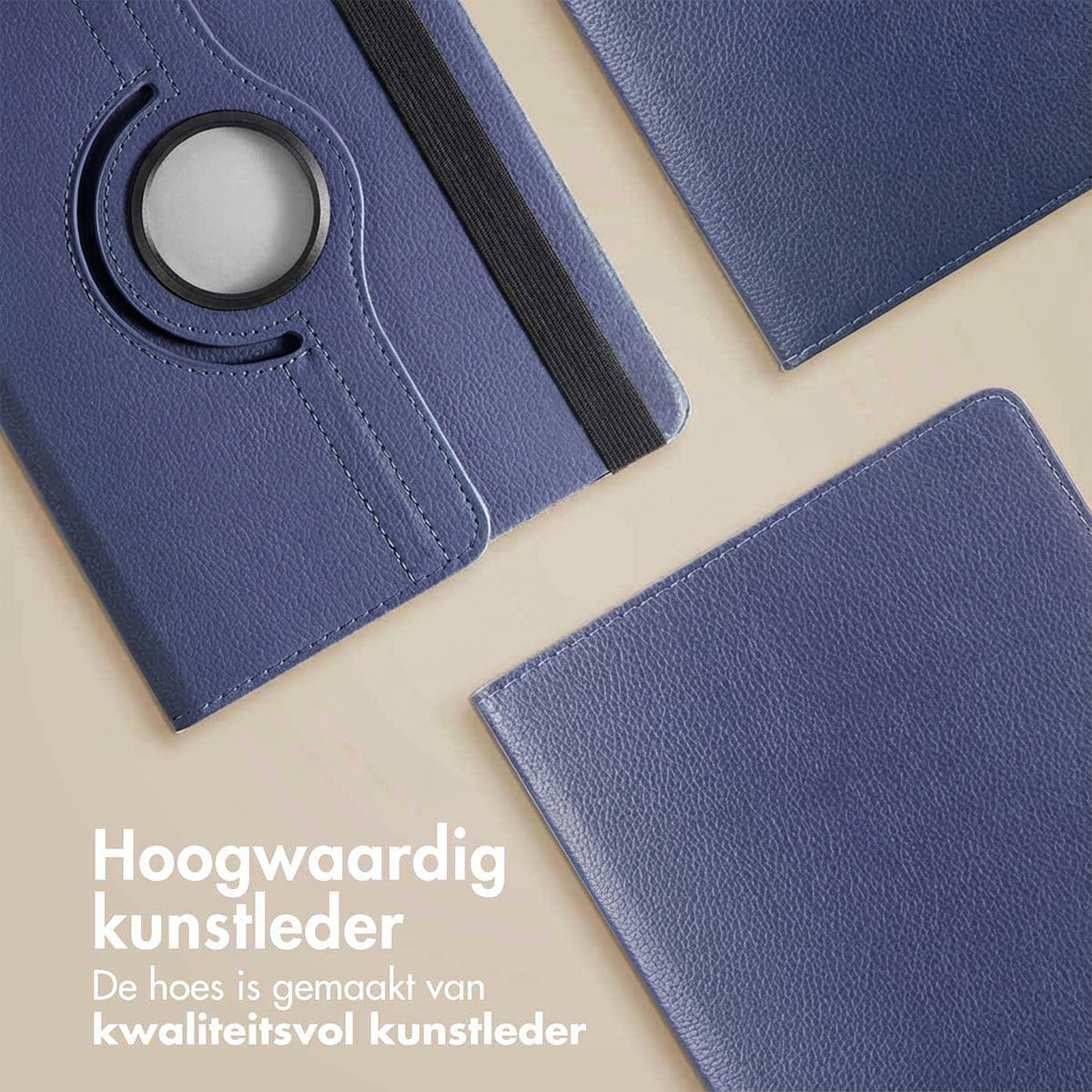 Blue faux leather case with stitching and a black elastic band.