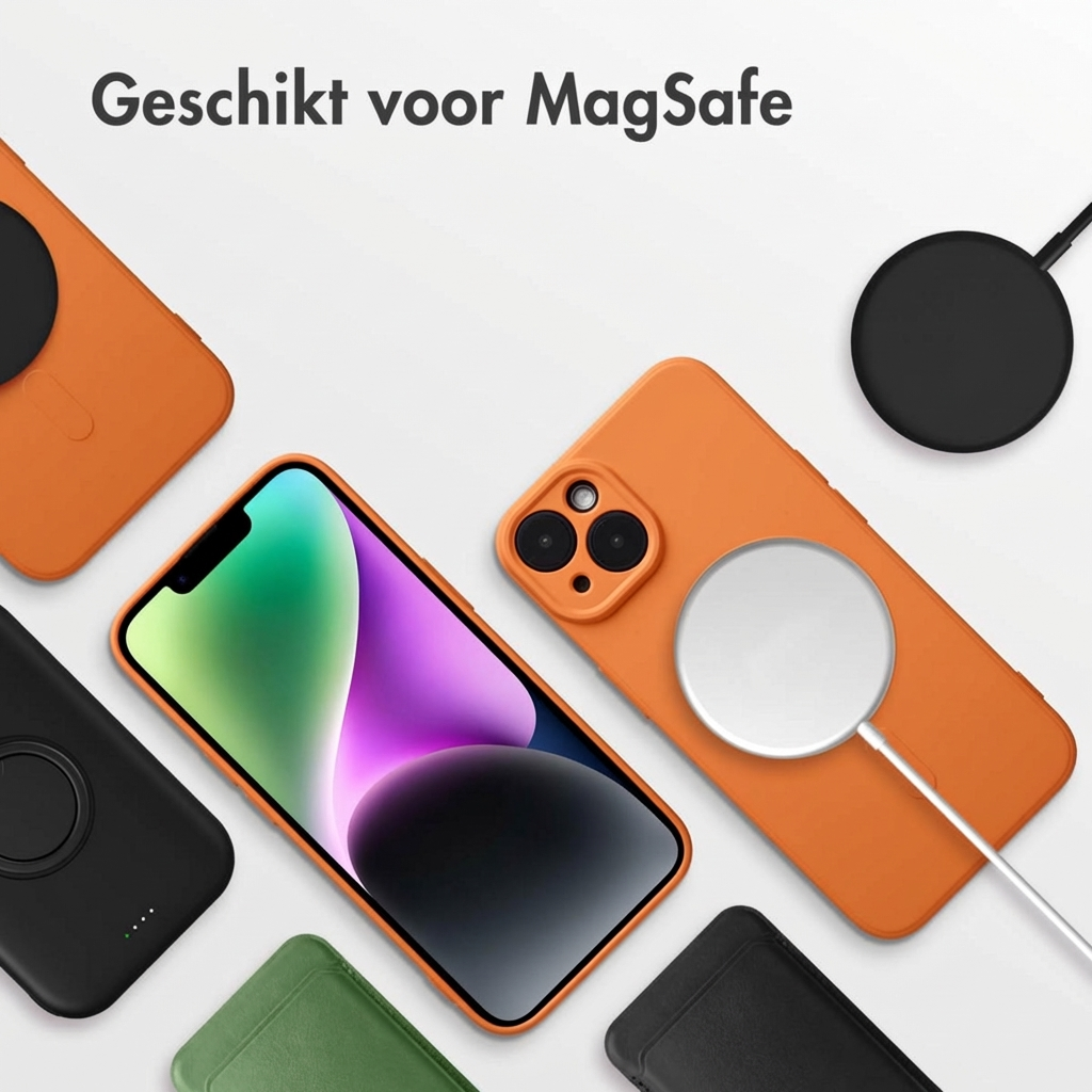 iPhone avec étui MagSafe orange, câble de chargement et autres étuis.