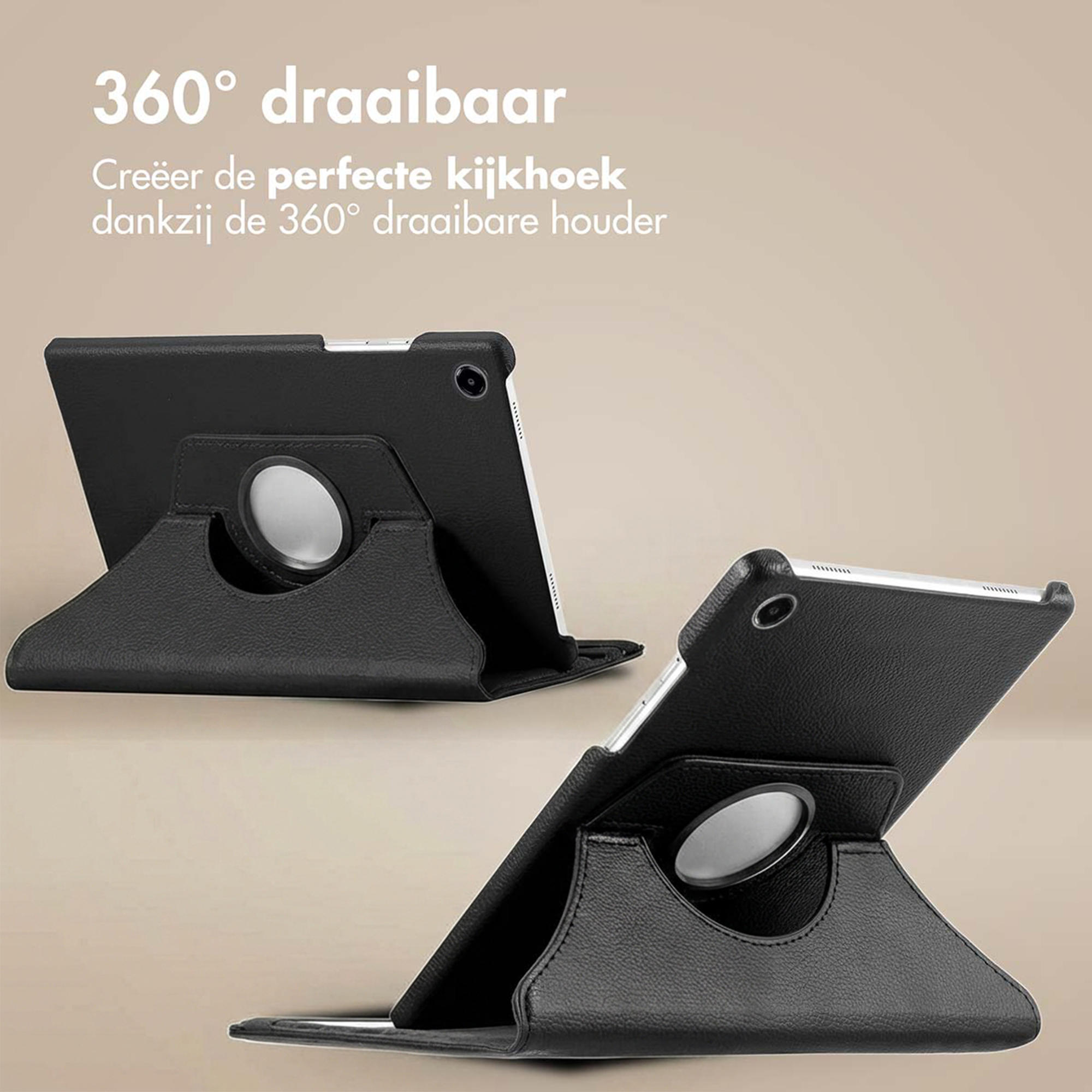 Tablette noire dans un étui rotatif à 360 degrés sur fond beige.