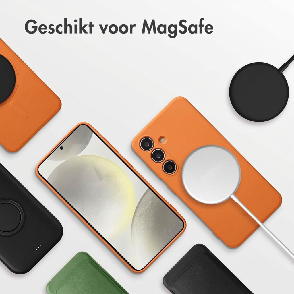 Oranje en zwarte telefoonhoesjes met MagSafe oplader en telefoon.