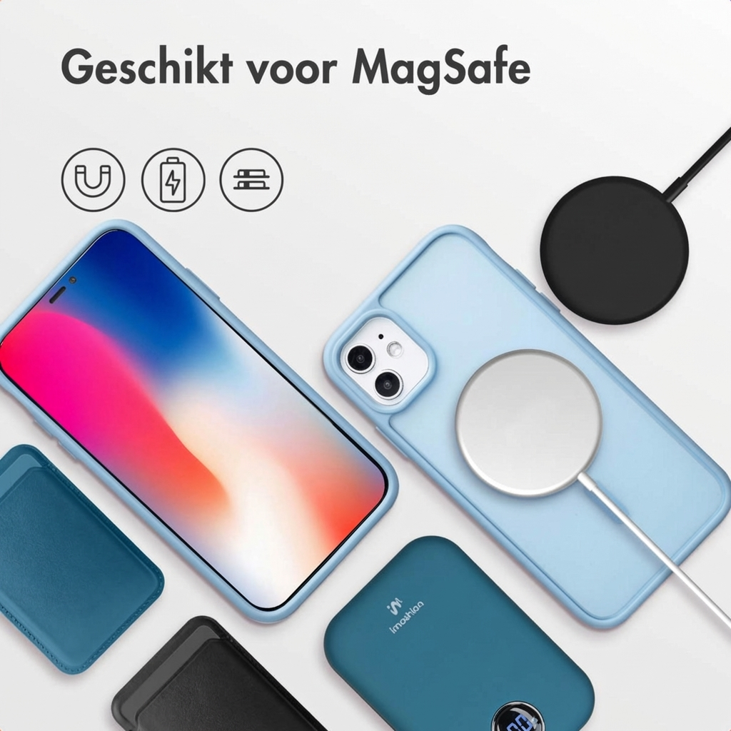 Accessoires compatibles MagSafe : iPhone, chargeur et étuis dans des tons bleus et noirs.