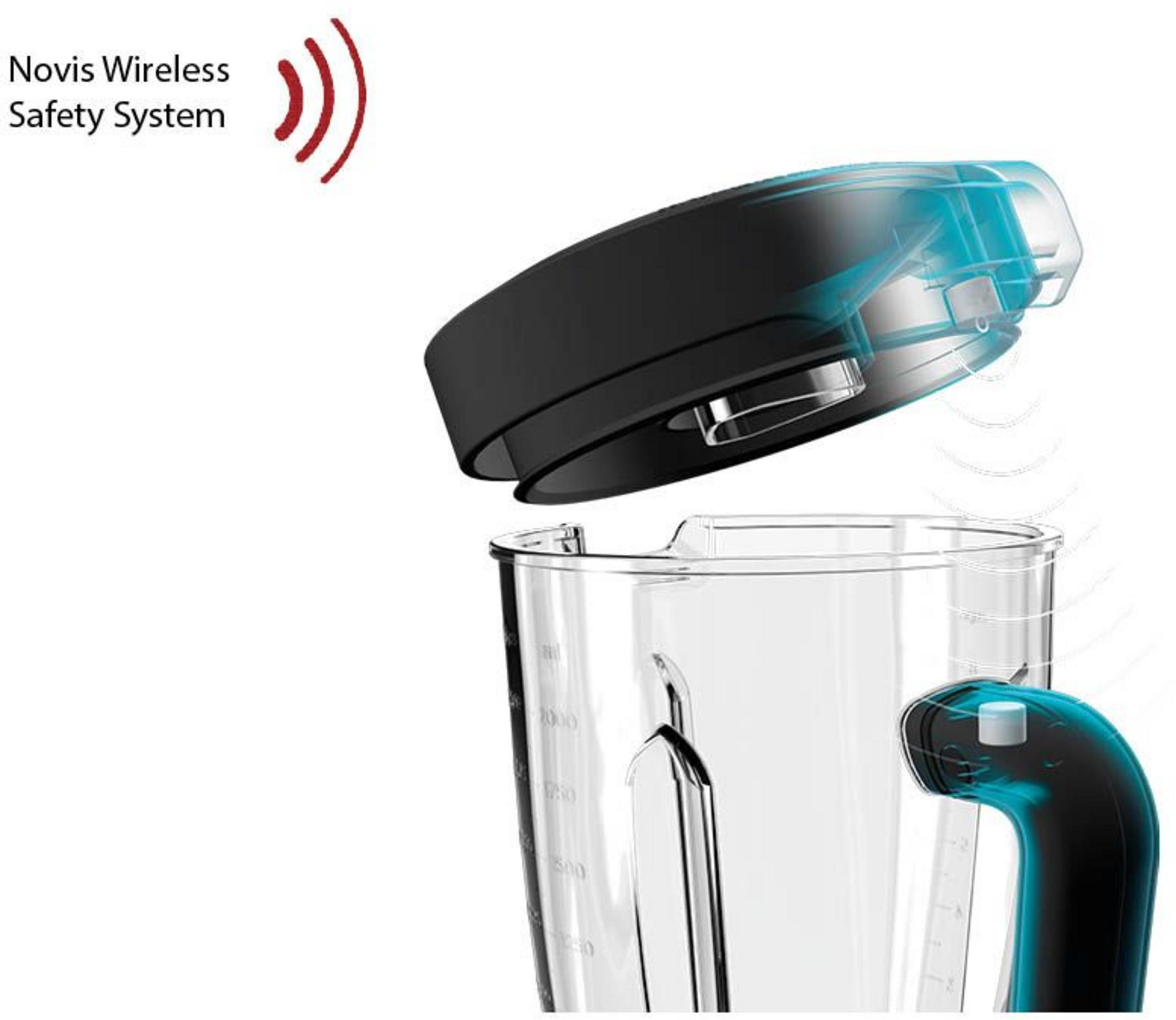 Un coperchio nero è mostrato sopra una caraffa trasparente con accenti blu.