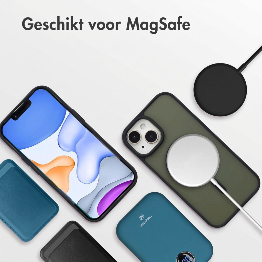 An iPhone with MagSafe charger, cases, and a power bank.