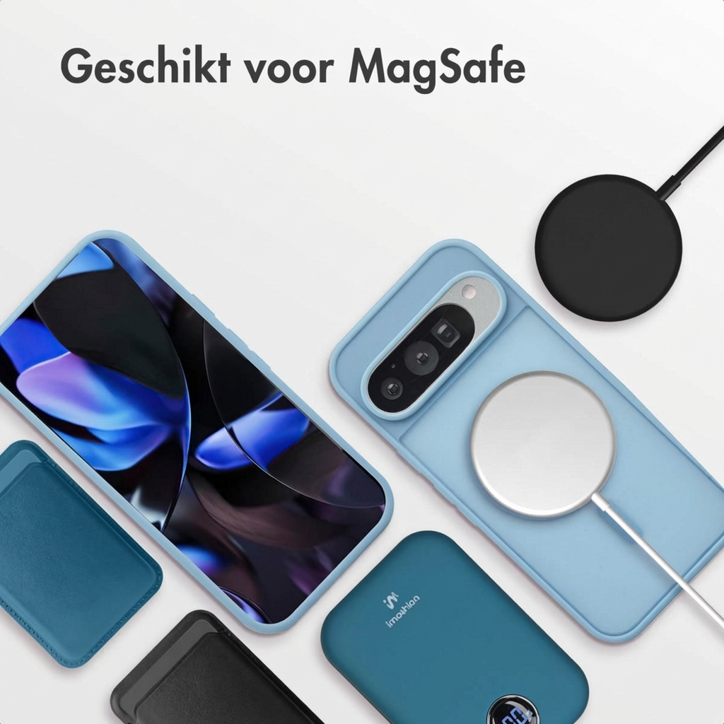 Un téléphone bleu avec coque MagSafe, batterie externe et câble noir.